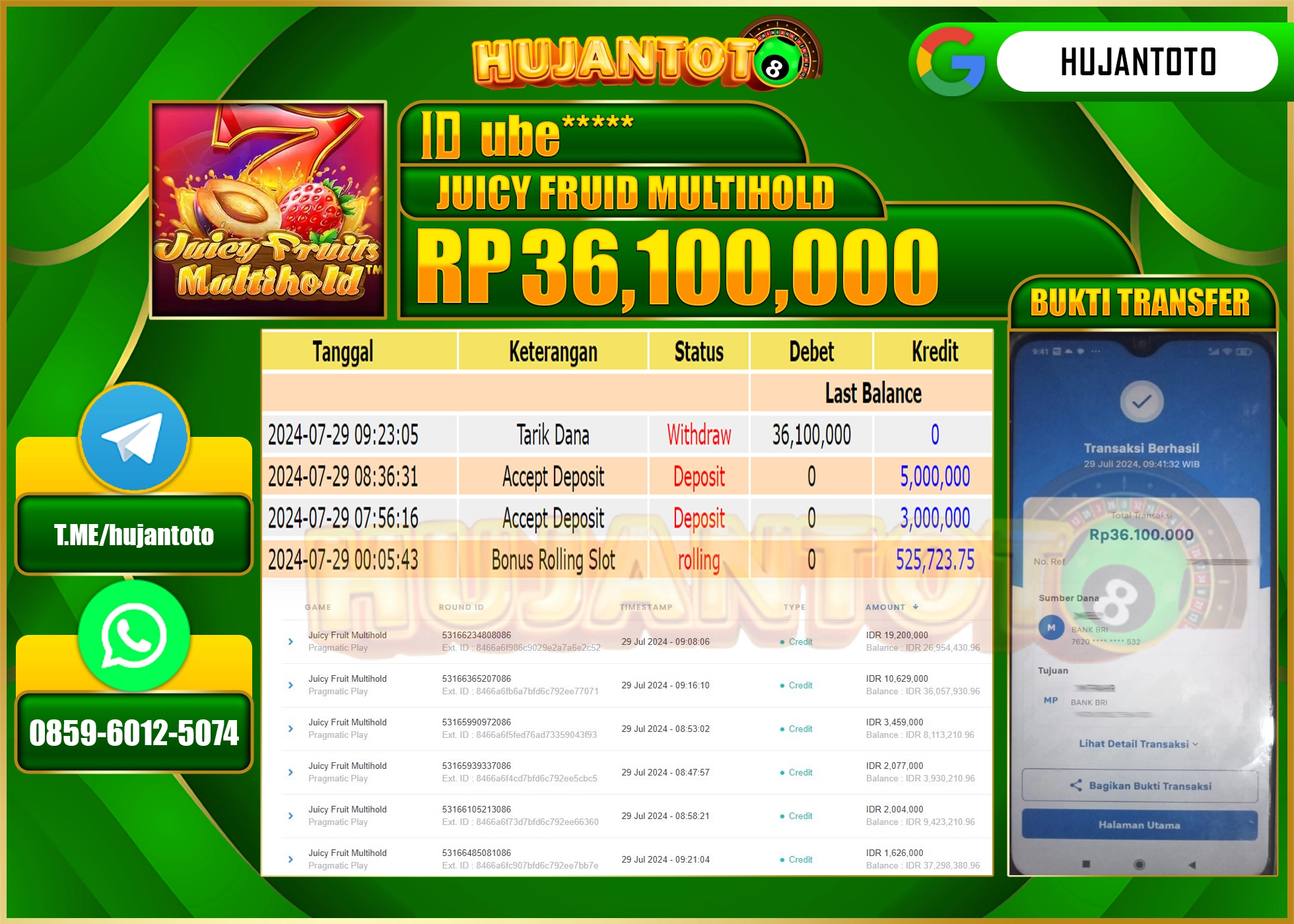 HUJANTOTO MENANG PERMAINAN JUICY FRUITS MULTIHOLD 36.100.000 - LUNAS 