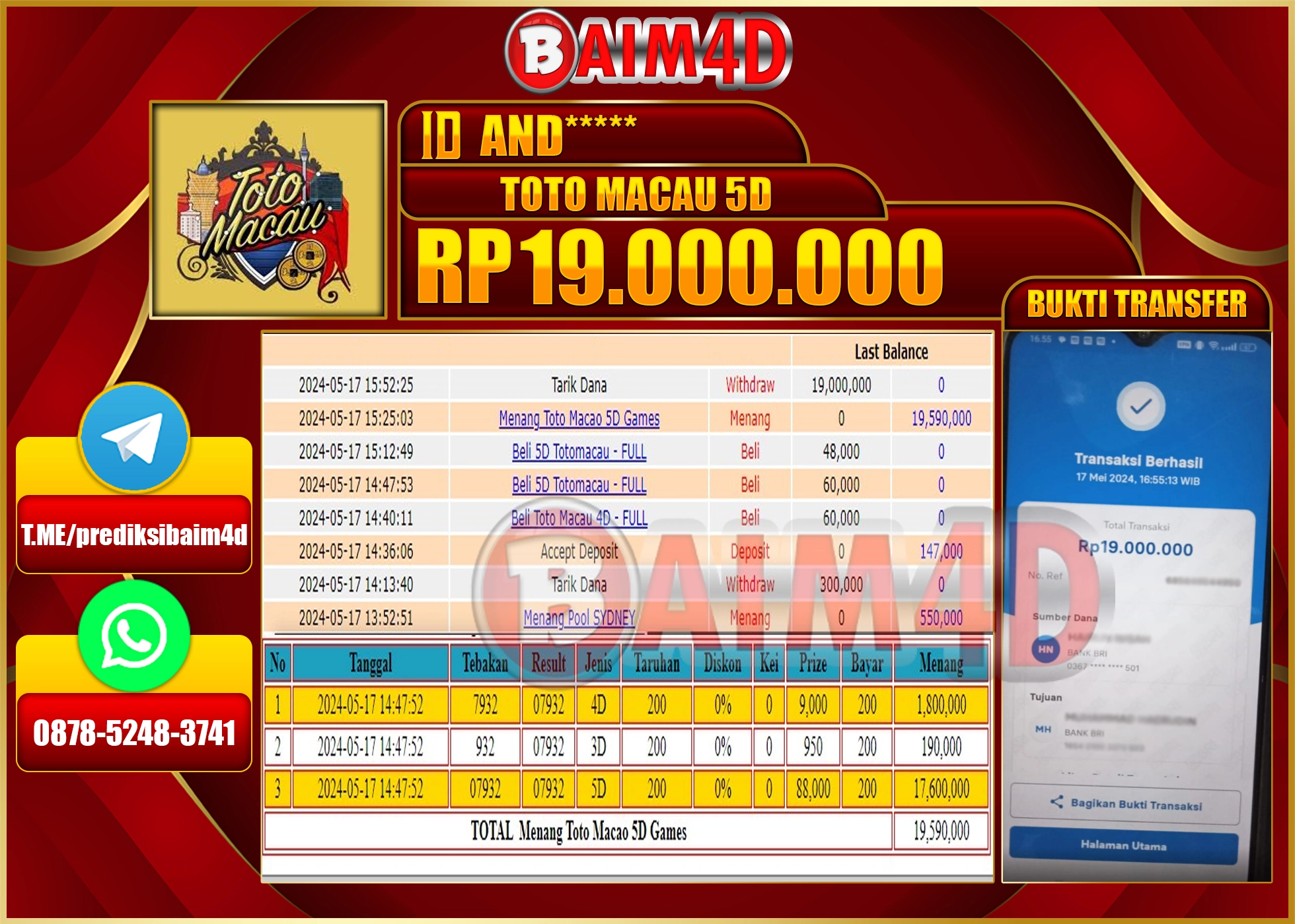 BAIM4D JACKPOT TOTO MACAU 5D Rp.19.000,000.,- LUNAS