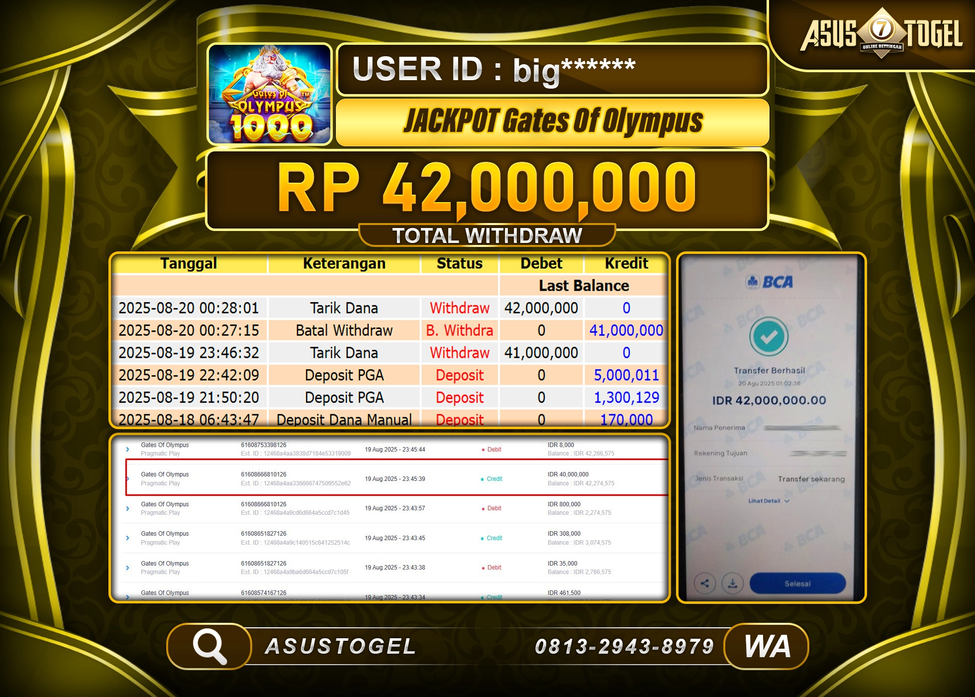 ASUSTOGEL KEMENANGAN DI SLOT GATES OF OLYMPUS SEBESAR 42,000,000- RUPIAH LUNAS