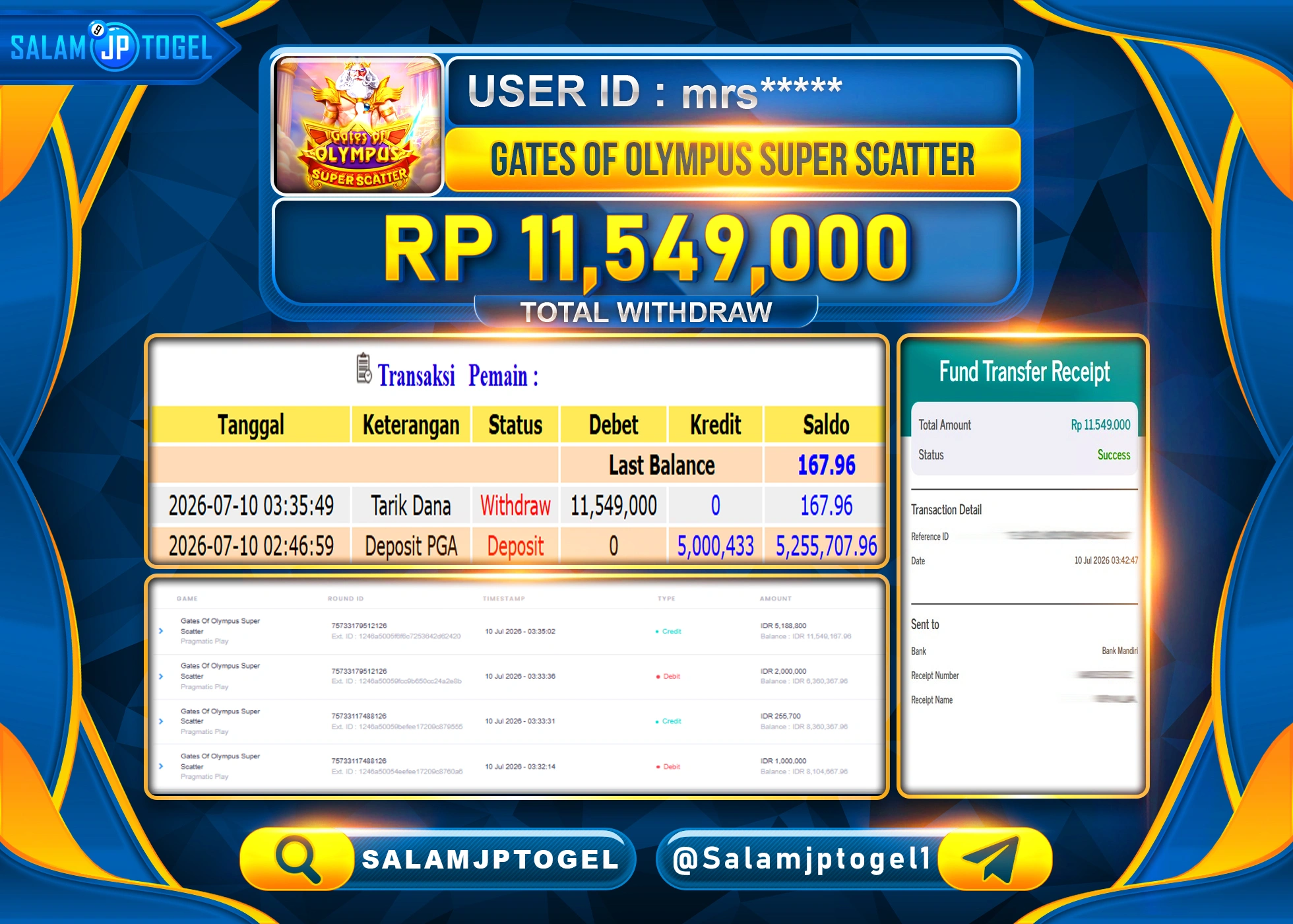 SALAMJPTOGEL JACKPOT MENANG SLOT GATES OF OLYMPUS SUPER SCATTER Rp.11,549,000 - LUNAS