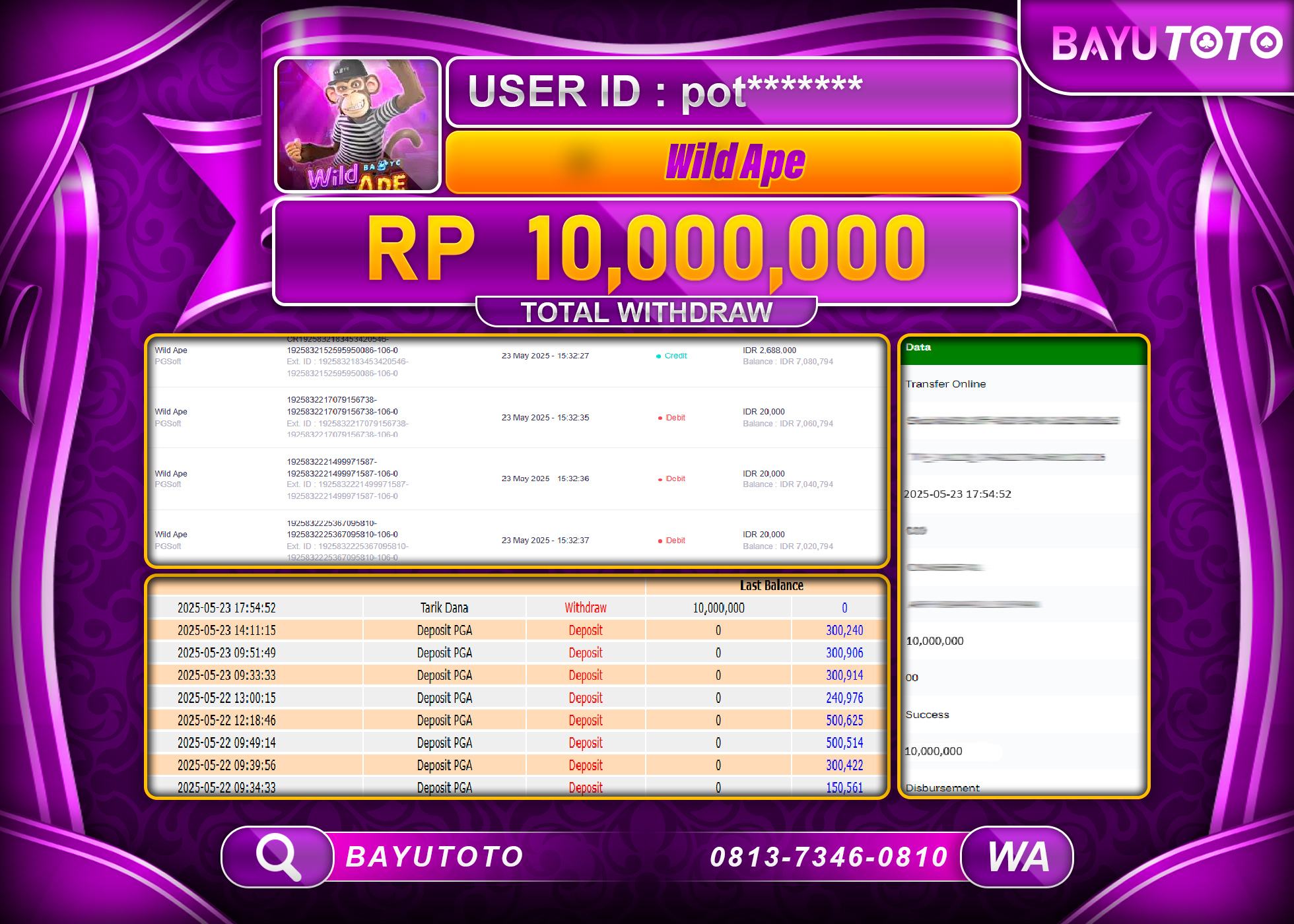 BAYUTOTO JACKPOT DI SLOT WILD APE PG SOFT  Rp.10,000,000 LUNAS