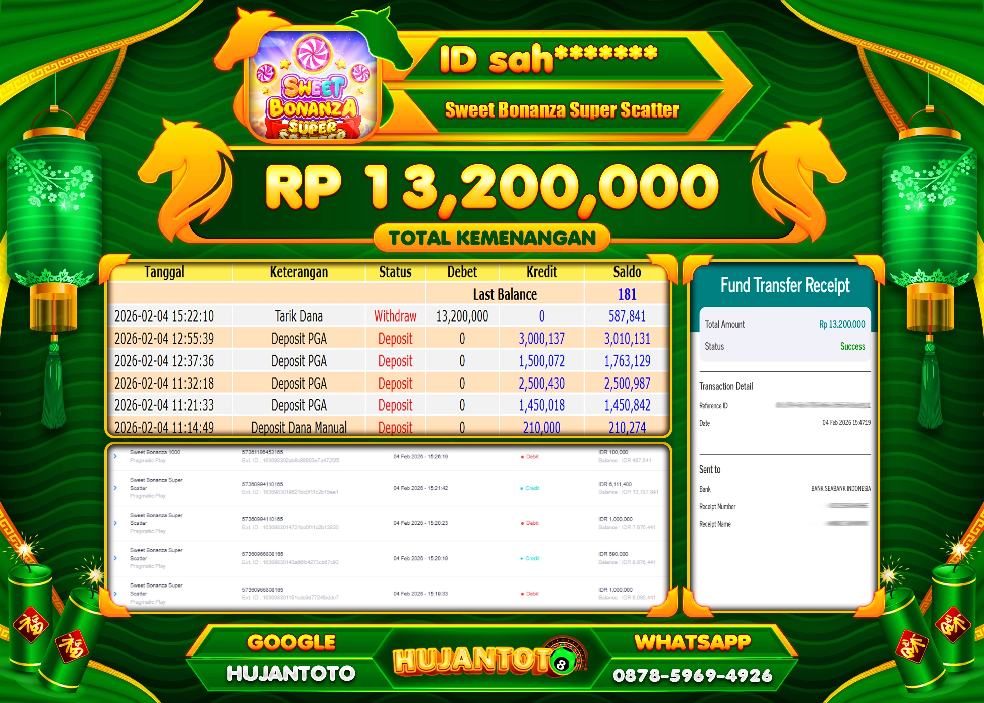 HUJANTOTO - BUKTI JACKPOT MENANG SLOT SWEET BONANZA SUPER SCATTER Rp.13,200,000 - TERBAYAR LUNAS