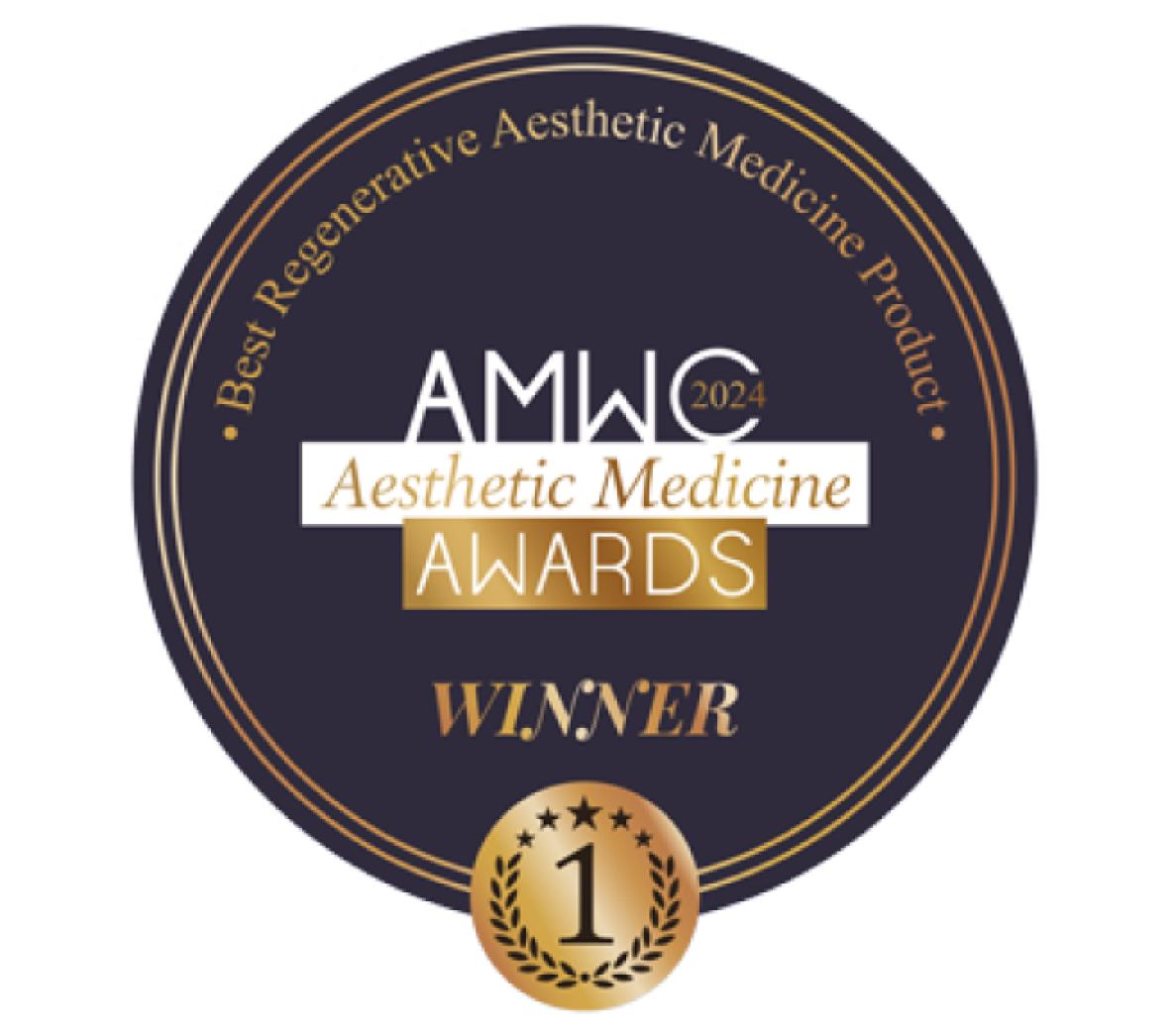 AMWC 2024 Aesthetic Medicine Awards seal for Best Regenerative Aesthetic Medicine Product, winner.