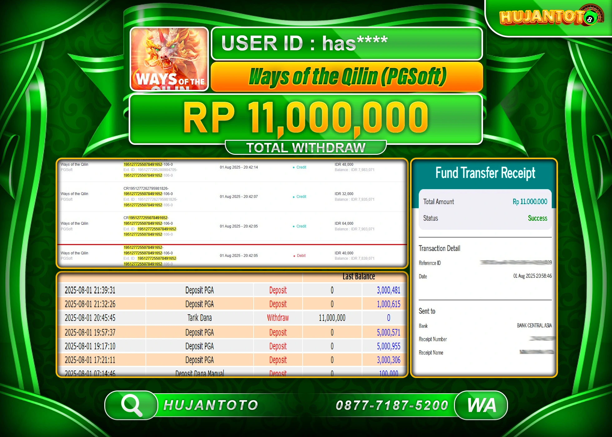 HUJANTOTO - BUKTI JACKPOT MENANG SLOT WAYS OF THE QILIN Rp.11,000,000 - TERBAYAR LUNAS
