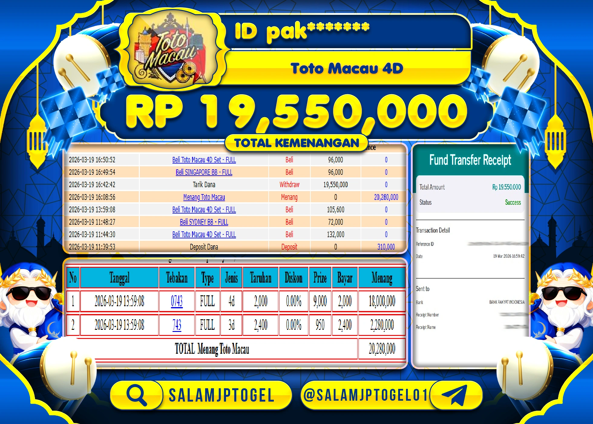 SALAMJPTOGEL MENANG JACKPOT TOGEL TOTO MACAU 4D Rp.19,550,000 - LUNAS