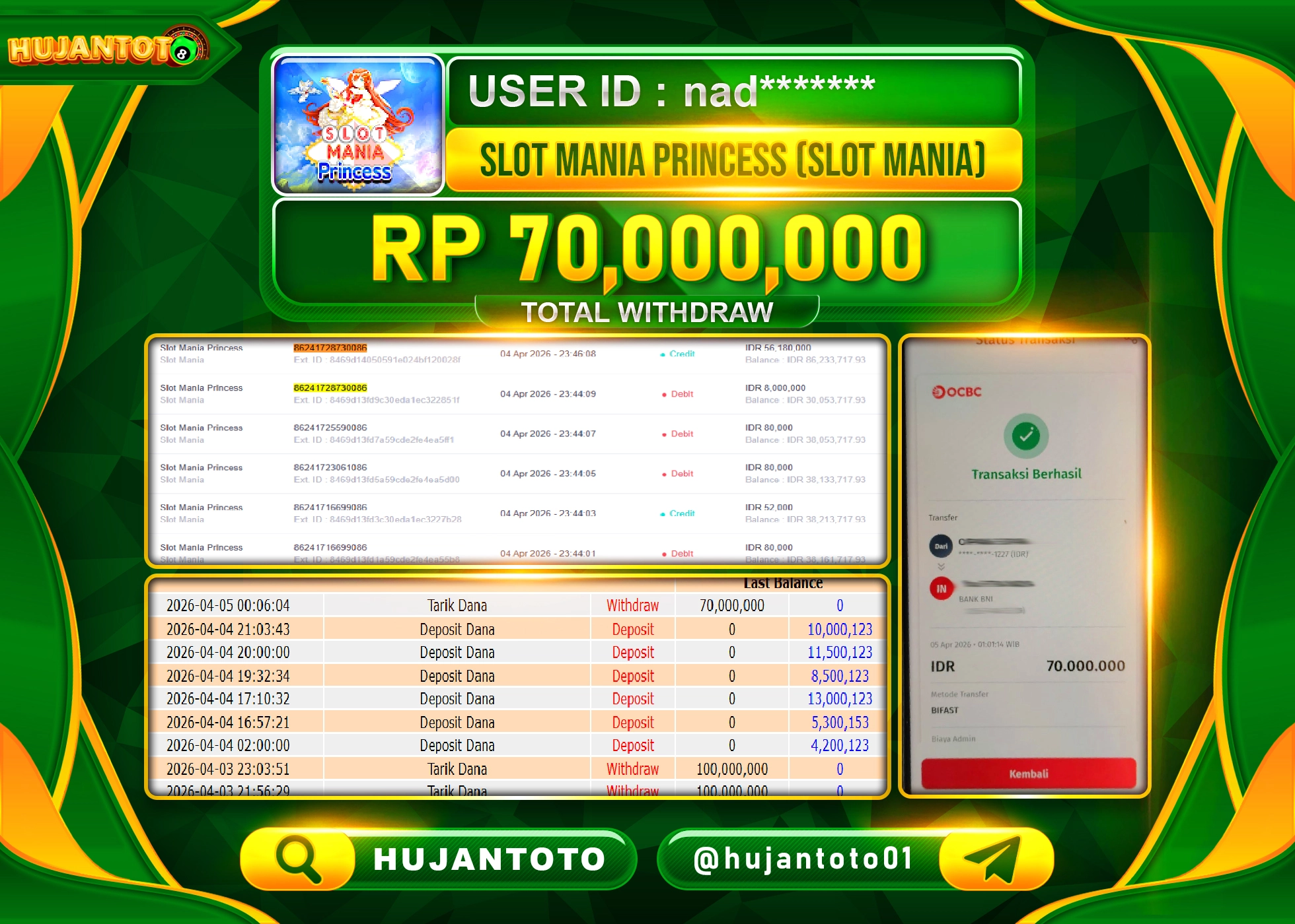 HUJANTOTO - BUKTI JACKPOT MENANG SLOT MANIA PRINCESS Rp.70,000,000 - TERBAYAR LUNAS