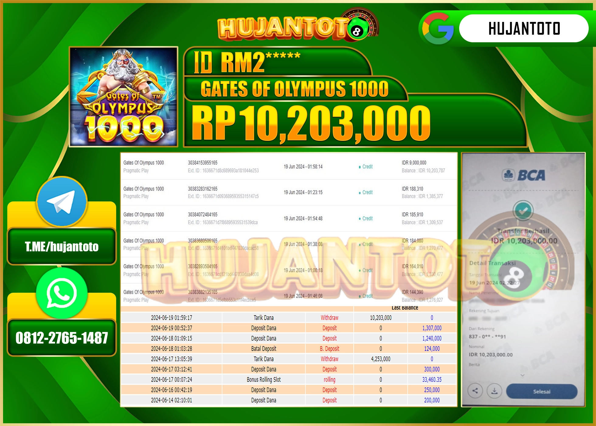 HUJANTOTO MENANG DI GATES OF OLYMPUS 1000 10.203.000 - LUNAS 