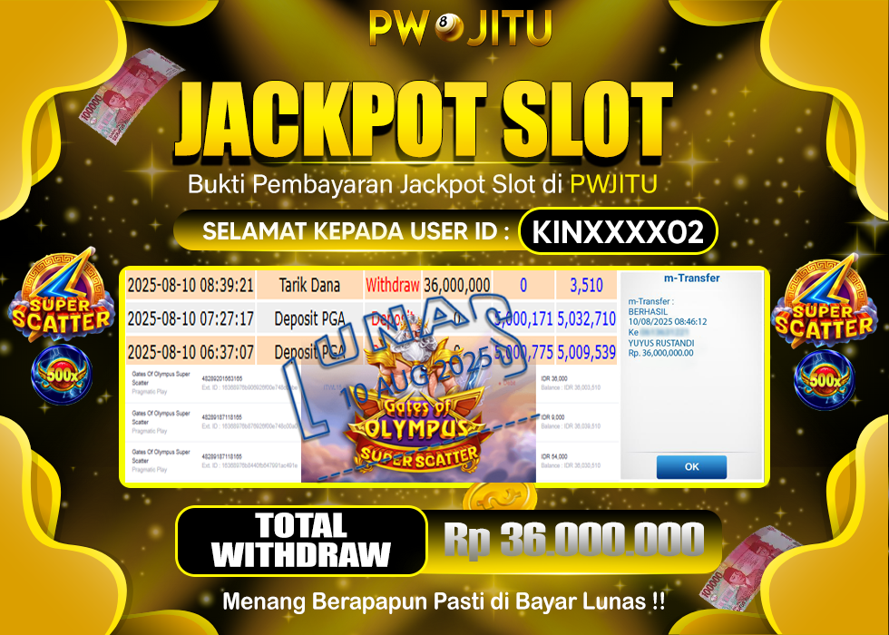 PWJITU JACKPOT SLOT GATES OF OLYMPUS SUPER SCATTER Rp.36.000.000,- LUNAS