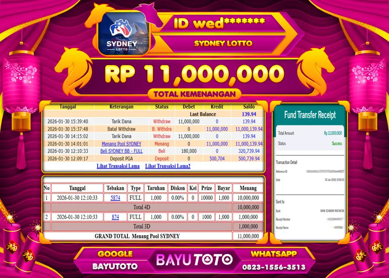 SELAMAT KEPADA MEMBER SETIA BAYUTOTO JACKPOT GAME TOGEL SYDNEY LOTTO Rp. 11,000,000 LUNAS