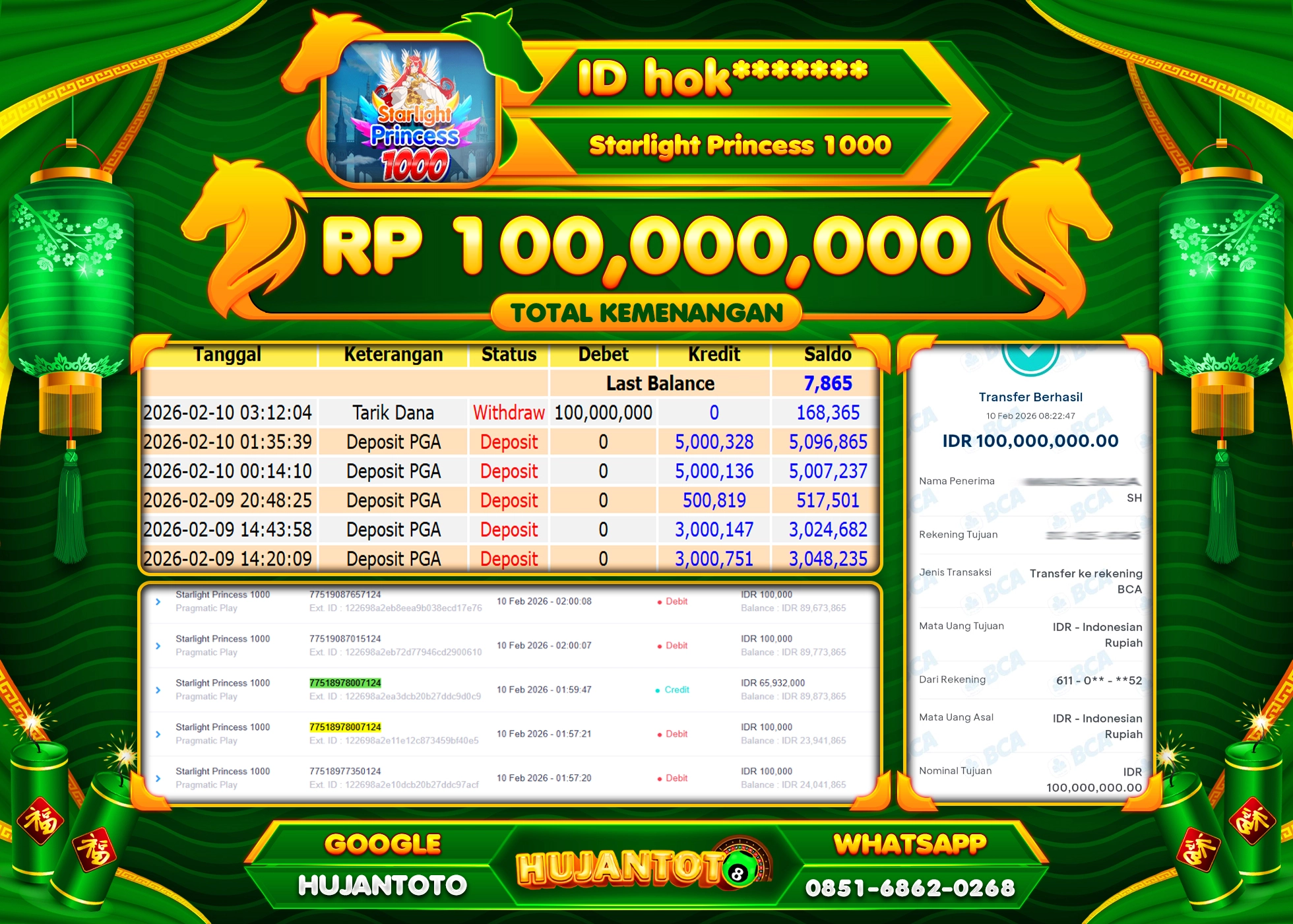 HUJANTOTO - BUKTI JACKPOT MENANG SLOT STARLIGHT PRINCESS 1000 Rp.100,000,000 - TERBAYAR LUNAS