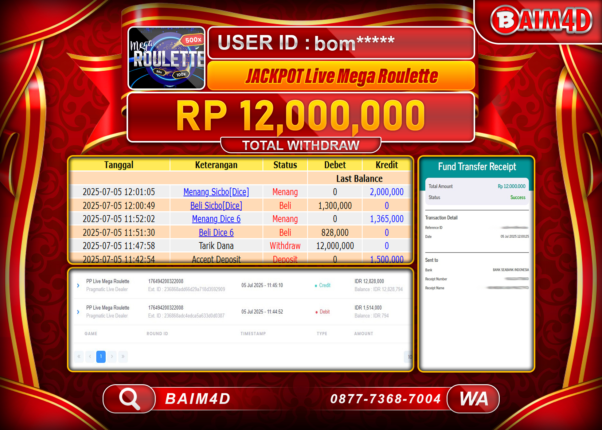 BAIM4D JACKPOT PP Live Mega Roulette(Pragmatic Live Dealer)  Rp.12,000,000.- LUNAS