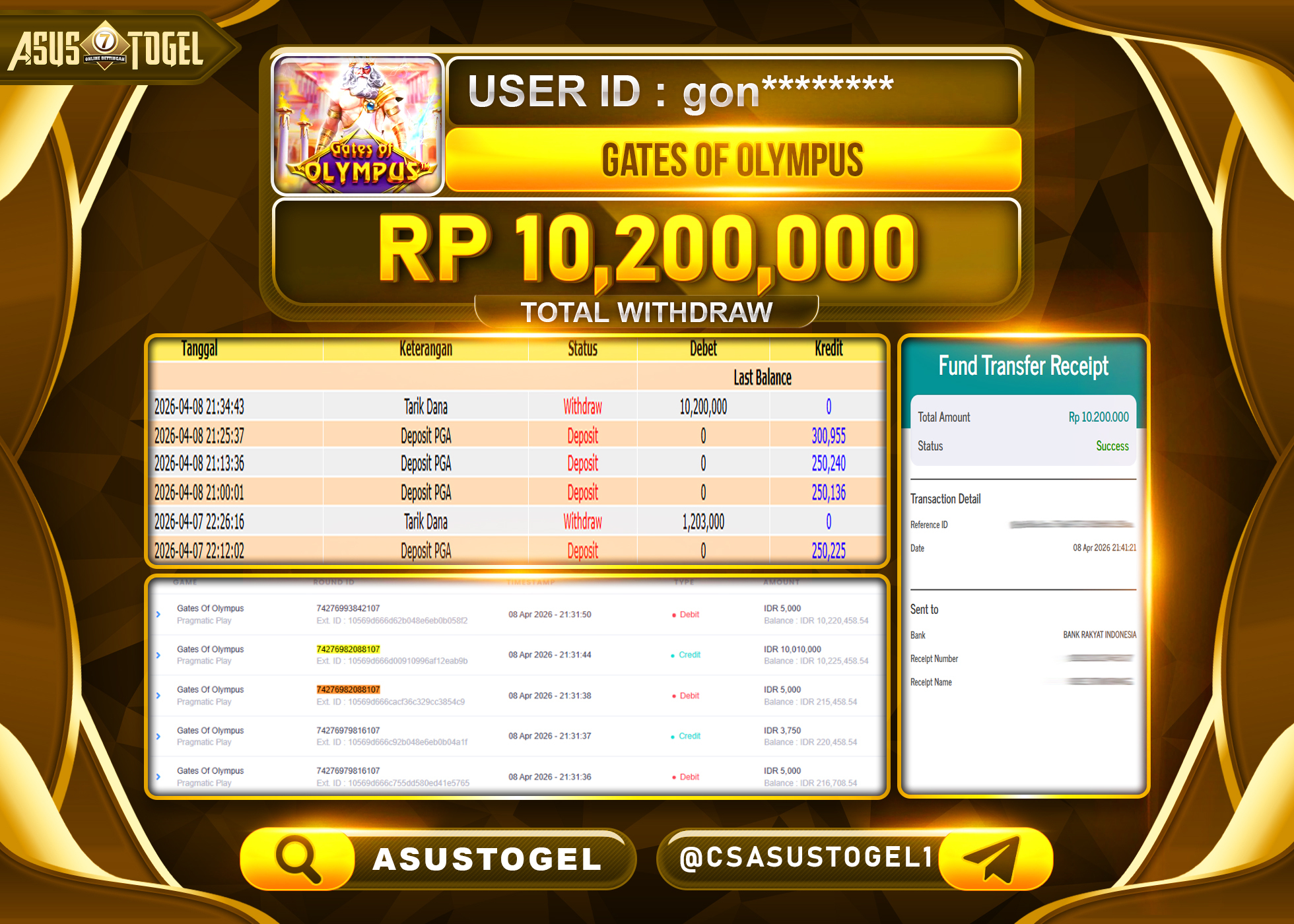 ASUSTOGEL KEMENANGAN JACKPOT DI PERMAINAN SLOT GATES OF OLYMPUS SEBESAR Rp.10,200,000 - RUPIAH LUNAS
