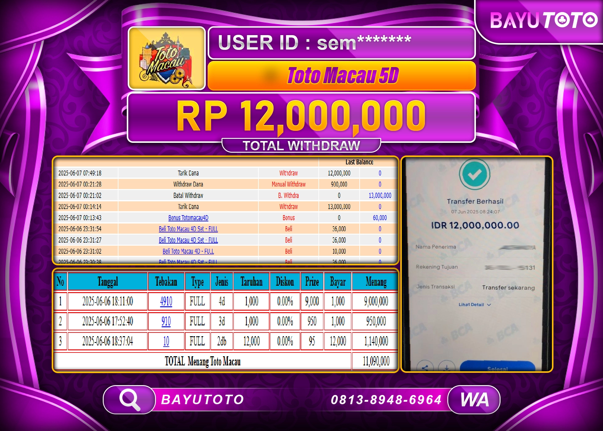 BAYUTOTO JACKPOT DI TOGEL TOTO MACAU 5D Rp.12,000,000 LUNAS