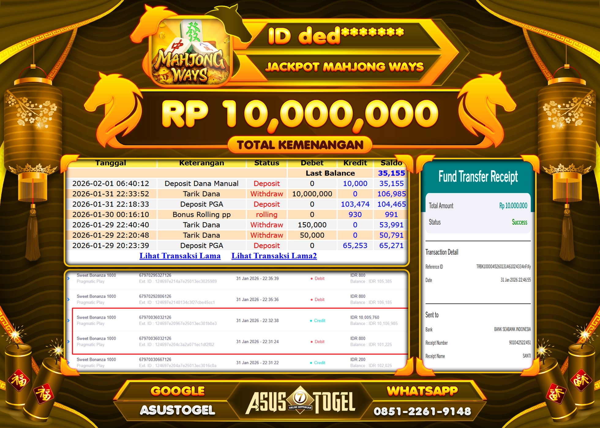 ASUSTOGEL KEMENANGAN DI SLOT MAHJONG WAYS SEBESAR 10,000,000 - RUPIAH LUNAS
