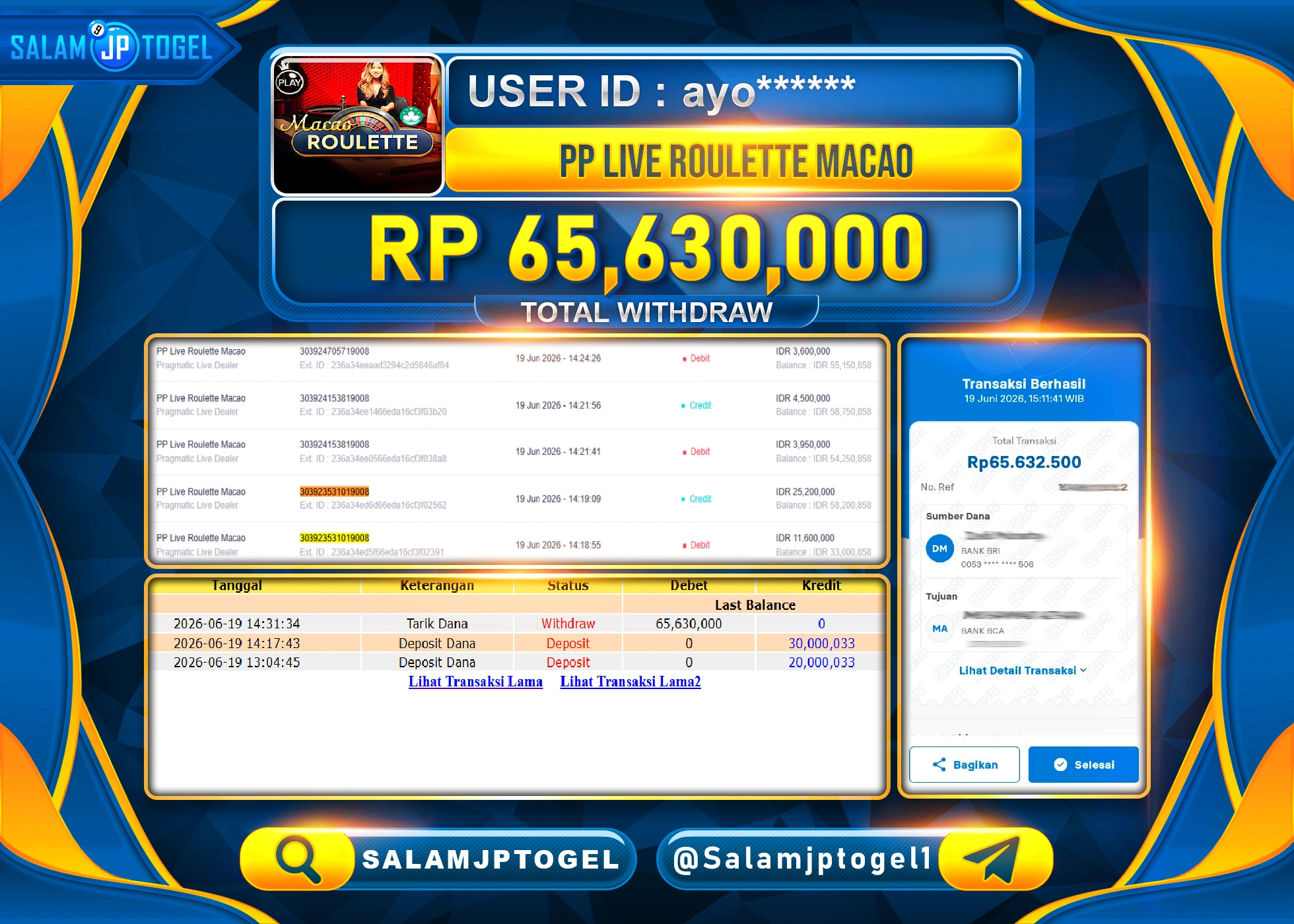 SALAMJPTOGEL JACKPOT MENANG LIVEGAMES PP LIVE ROULETTE MACAO Rp.65,630,000 - LUNAS
