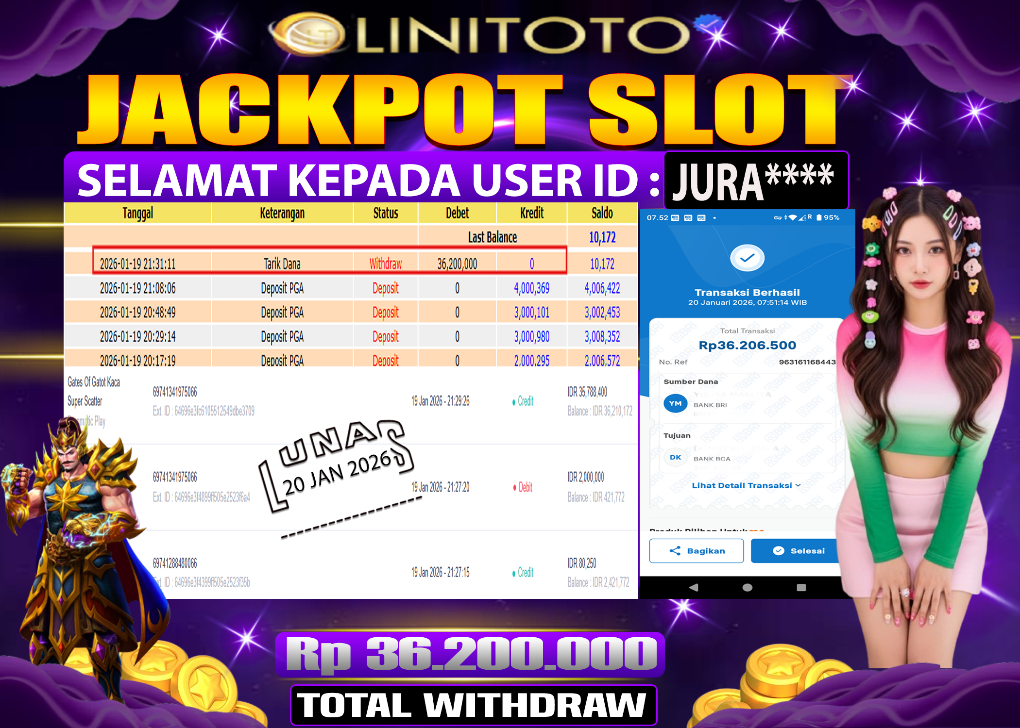 LINITOTO JACKPOT SLOT Gates Of Gatot Kaca Super Scatter  Rp.36,200,000 - LUNAS