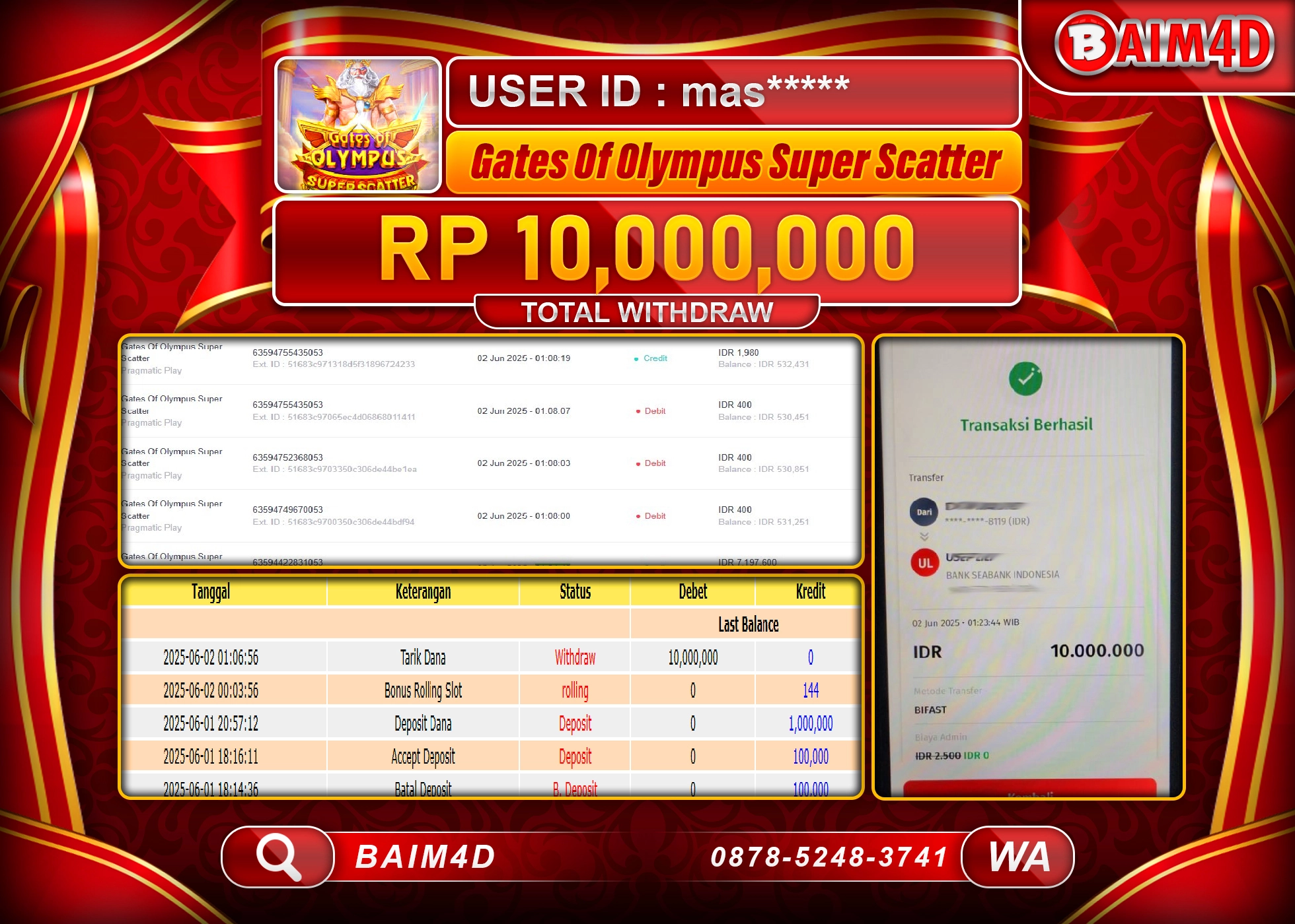 BAIM4D JACKPOT GATES OF OLYMPUS SUPER SCATTER Rp.10.000,000.- LUNAS