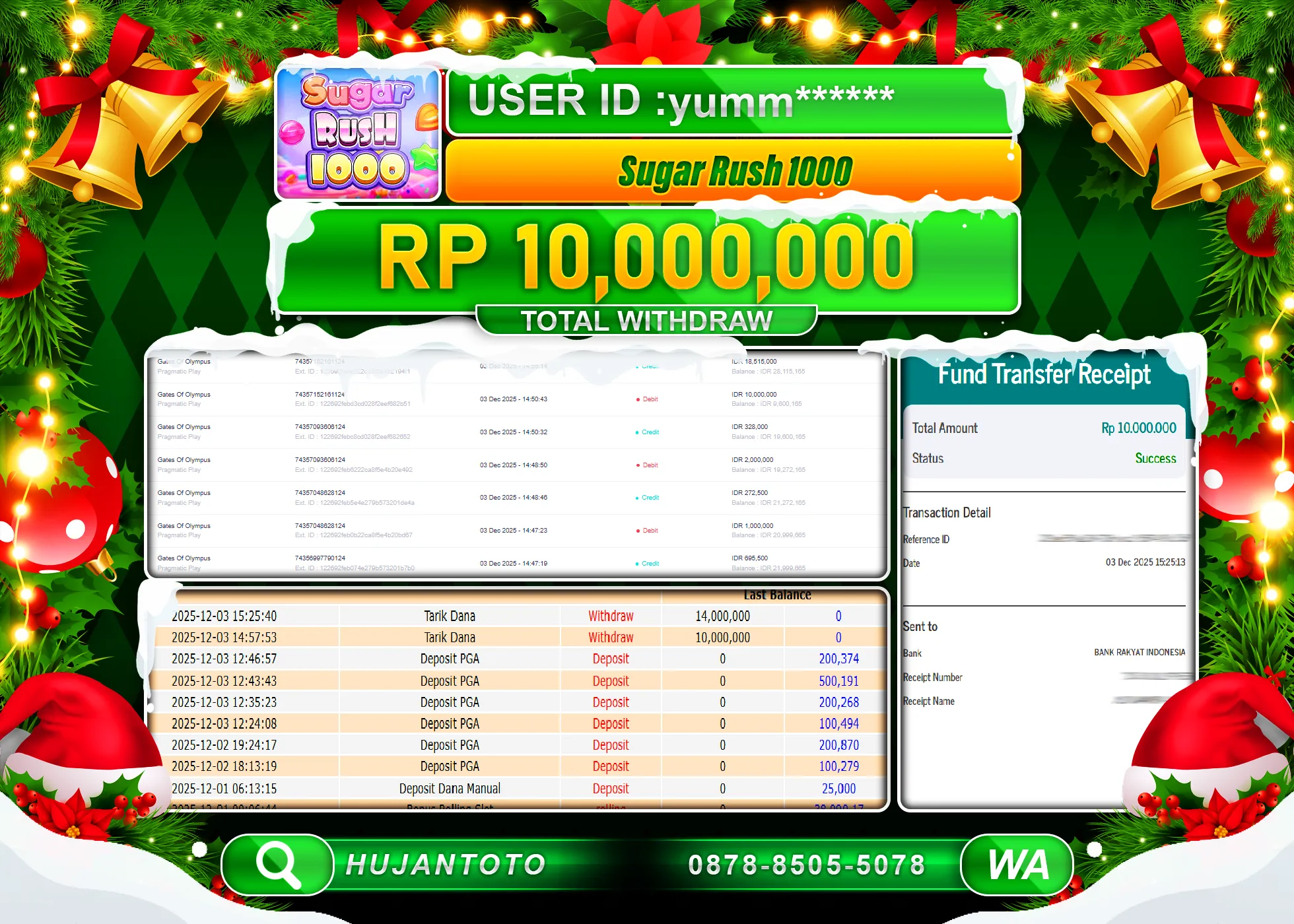 HUJANTOTO - BUKTI JACKPOT MENANG SLOT Sugar Rush 1000 Rp.10,000,000 - TERBAYAR LUNAS