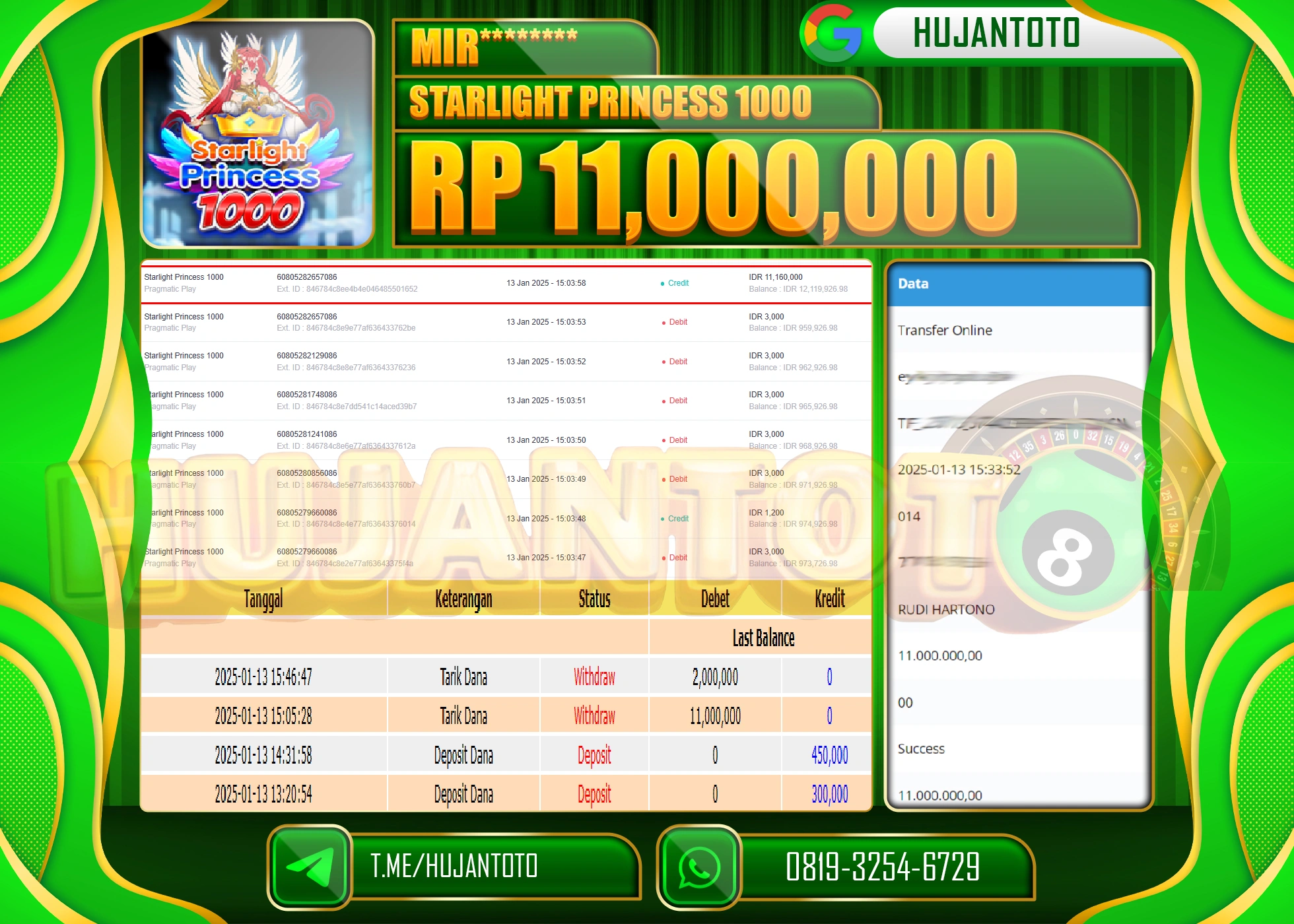 HUJANTOTO - BUKTI JACKPOT DI PERMAINAN SLOT STARLIGHT PRINCES 1000 Rp. 11,000,000- TERBAYAR LUNAS