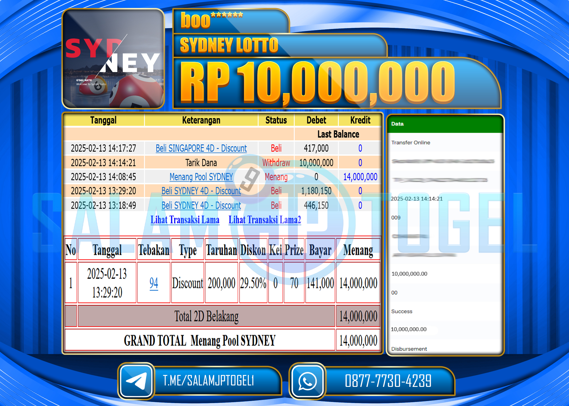 SALAMJPTOGEL MENANG TOGEL SYDNEY LOTTO Rp. 10,000,000 LUNAS
