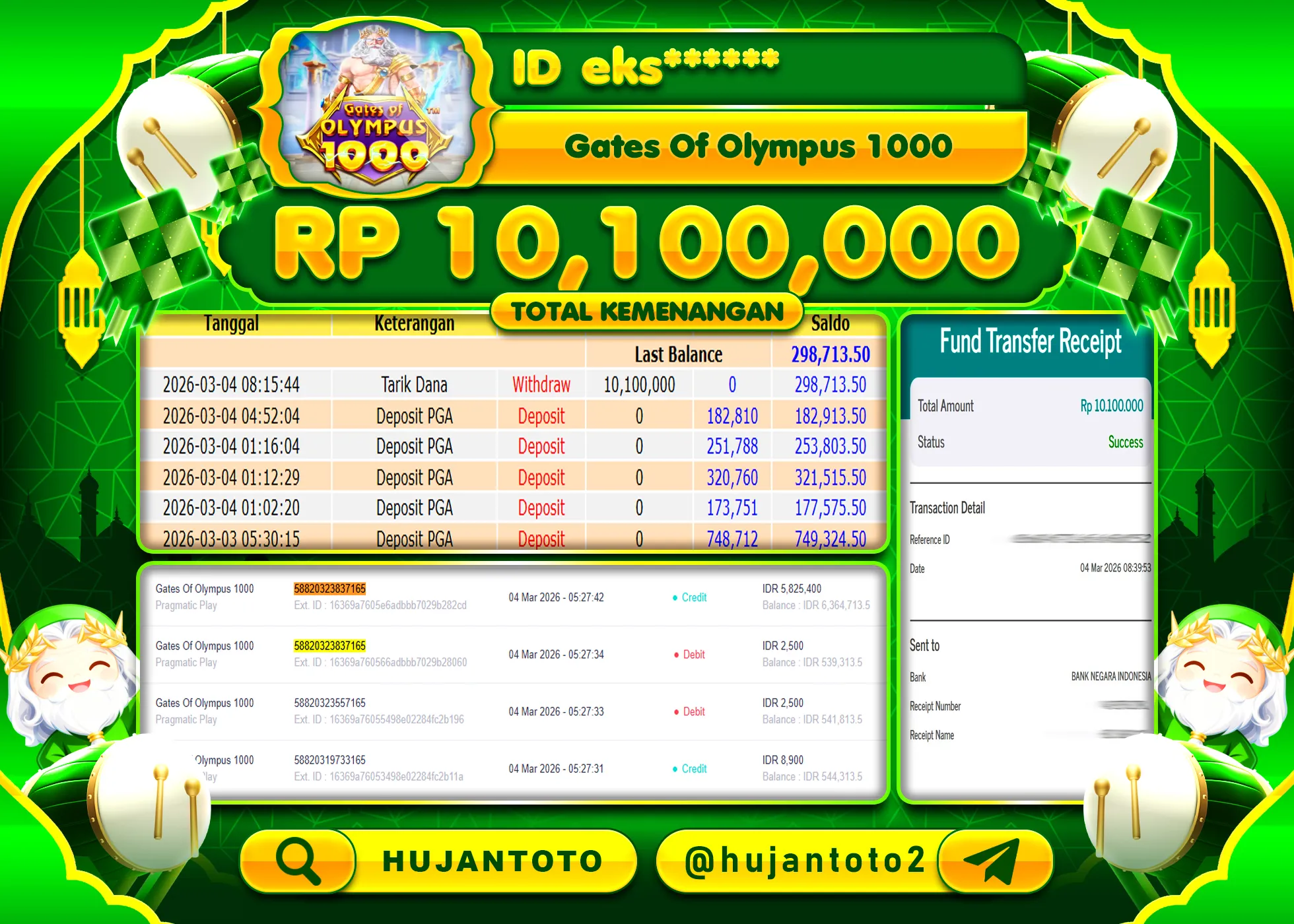HUJANTOTO - BUKTI JACKPOT MENANG SLOT GATES OF OLYMPUS 1000 Rp.10,100,000 - TERBAYAR LUNAS
