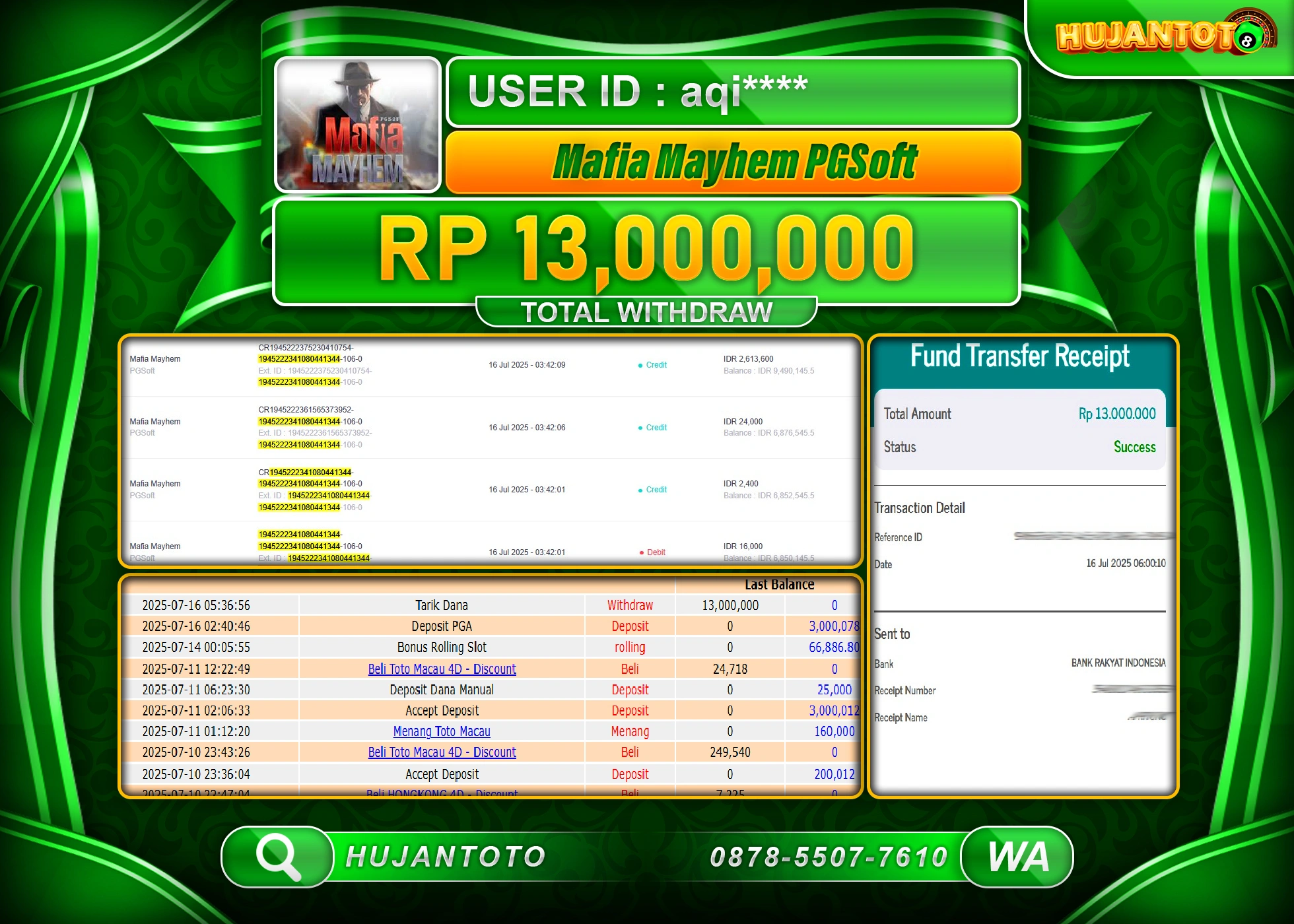 HUJANTOTO - BUKTI JACKPOT MENANG SLOT MAFIA MAYHEM PG SOFT Rp.13,000,000 - TERBAYAR LUNAS