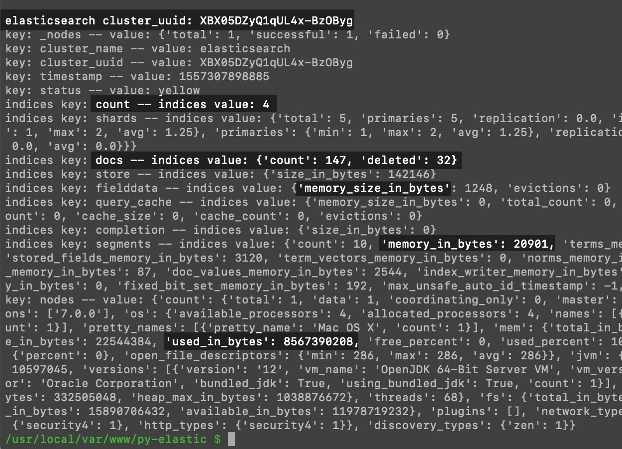 Screenshot of a terminal running a Python script iterating over Elasticsearch cluster.stats dictionary