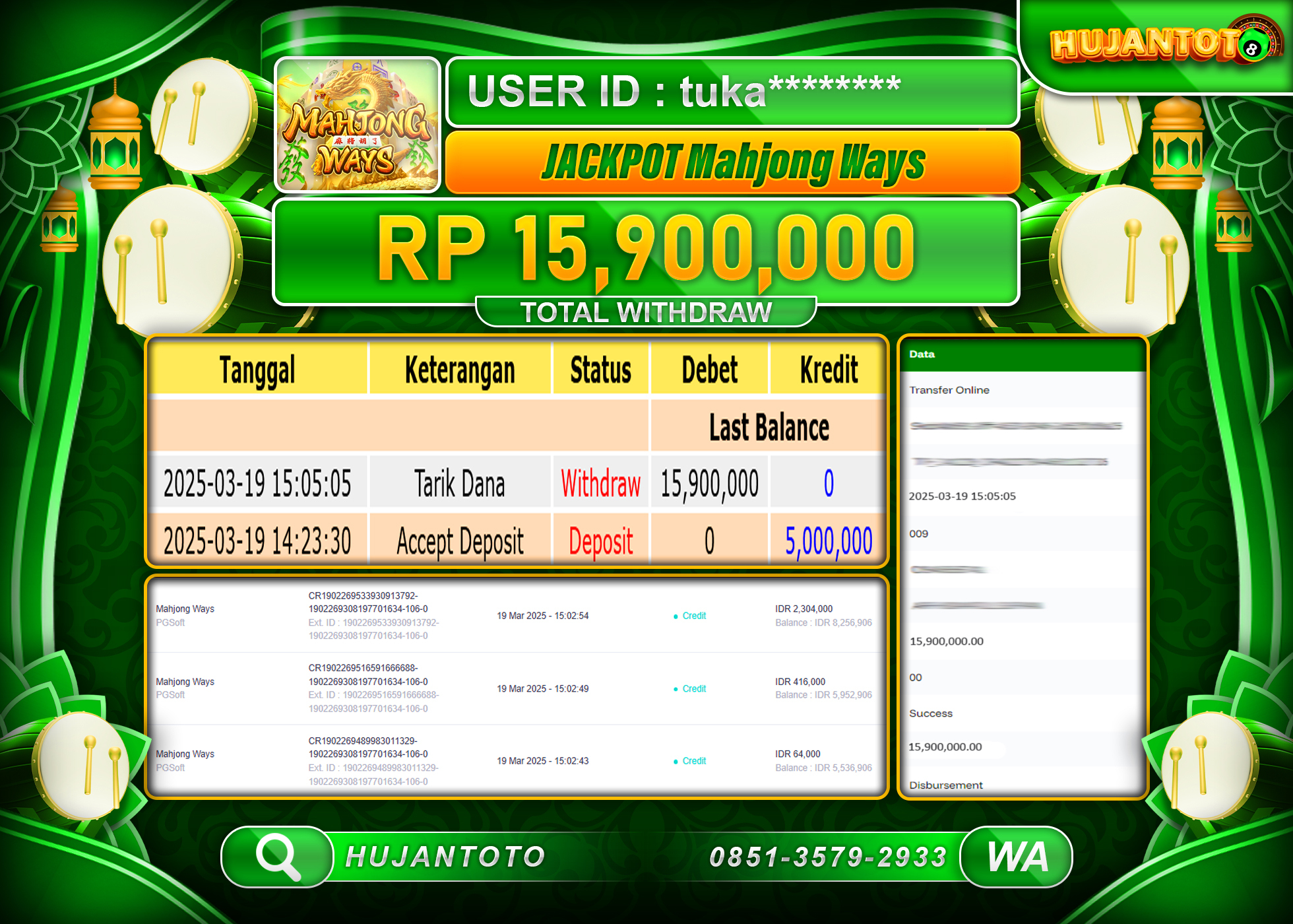 HUJANTOTO - BUKTI JACKPOT MENANG SLOT MAHJONG WAYS , Rp,15,900,000 - TERBAYAR LUNAS