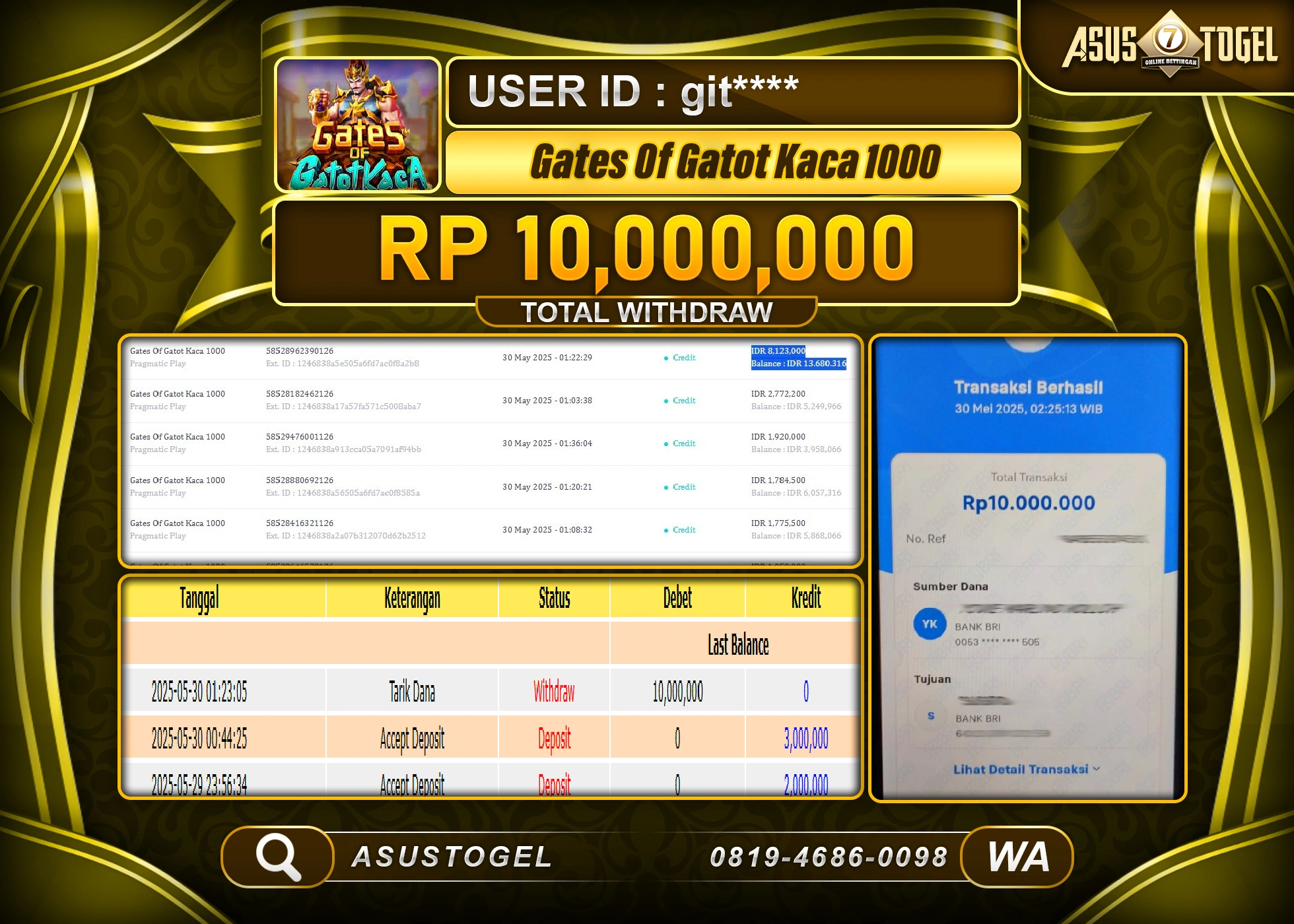  ASUSTOGEL KEMENANGAN DI SLOT GATES OF GATOT KACA 1000 SEBESAR 10,000,000- RUPIAH LUNAS