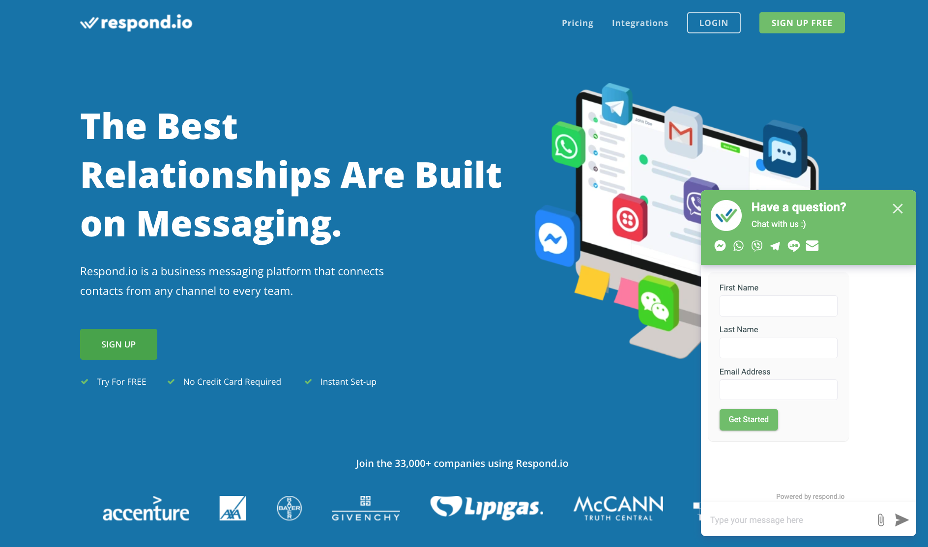 Respond.io chat and messaging homepage