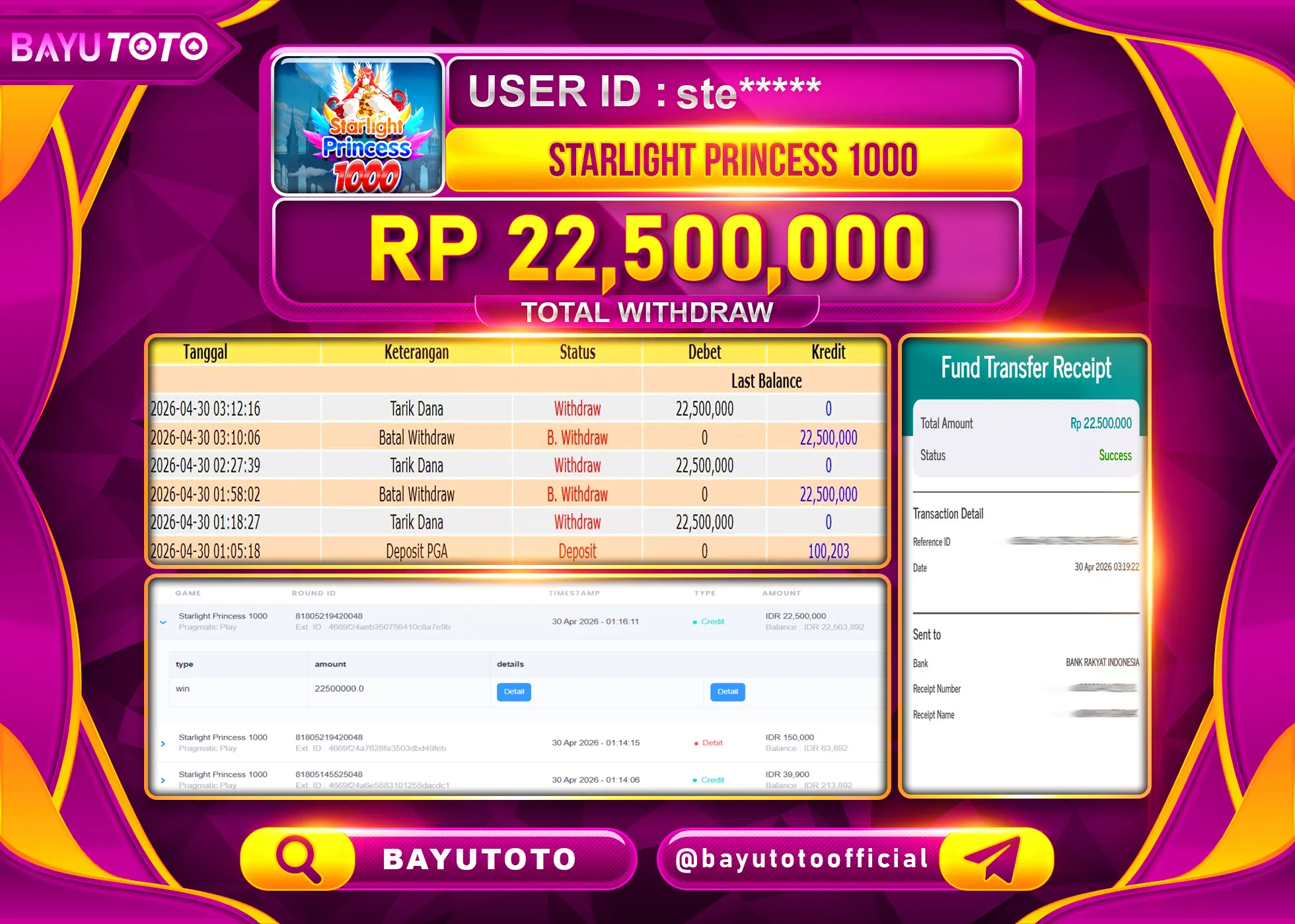 SELAMAT MEMBER SETIA BAYUTOTO JACKPOT DI SLOT STARLIGHT PRINCESS 1000 Rp. 22,500,000 LUNAS