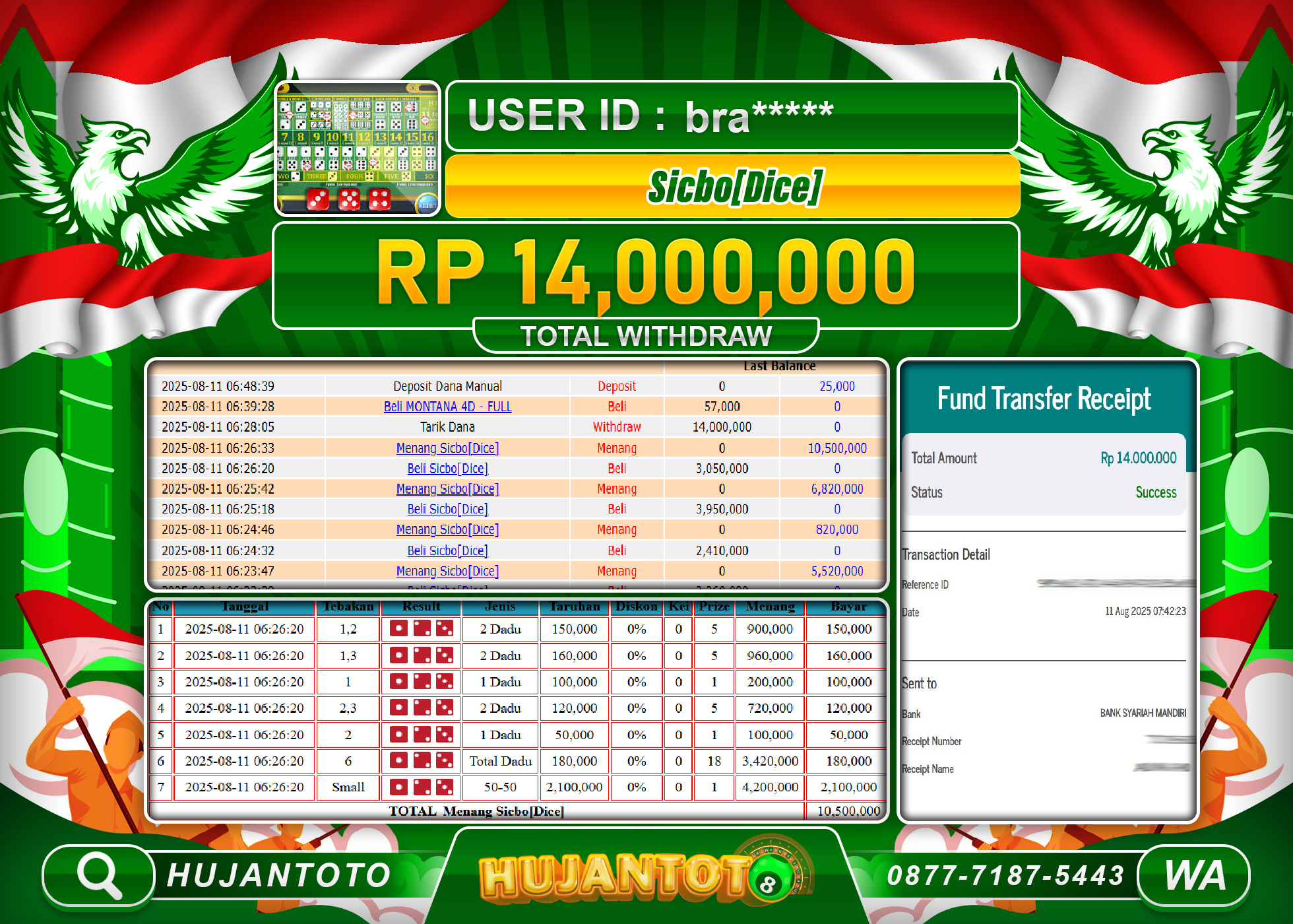 HUJANTOTO - BUKTI JACKPOT MENANG LIVEGAME SICBO DICE Rp.14,000,000 - TERBAYAR LUNAS