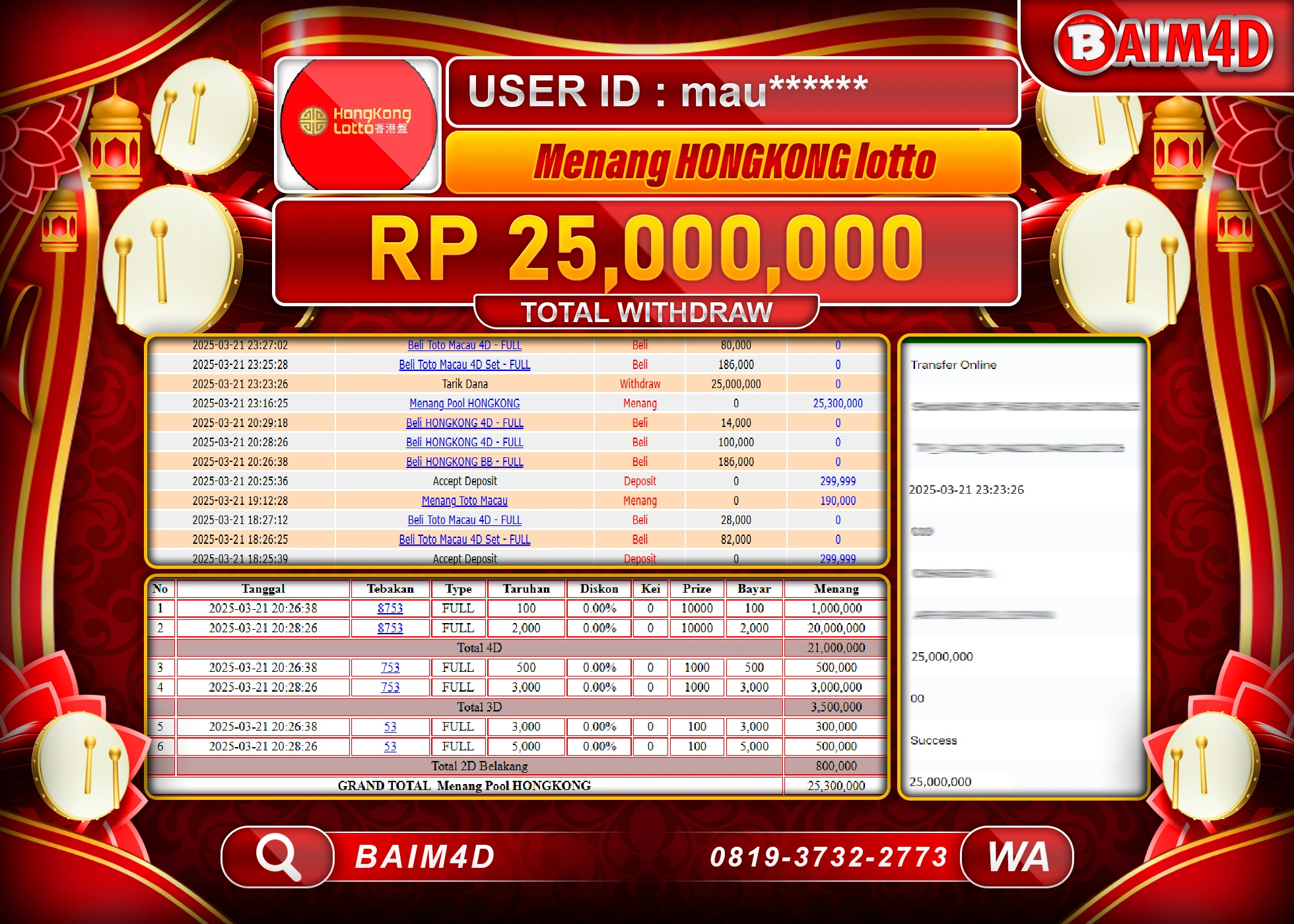 BAIM4D JACKPOT  MENANG  HONGKONG LOTTO  Rp.25.000,000.- LUNAS