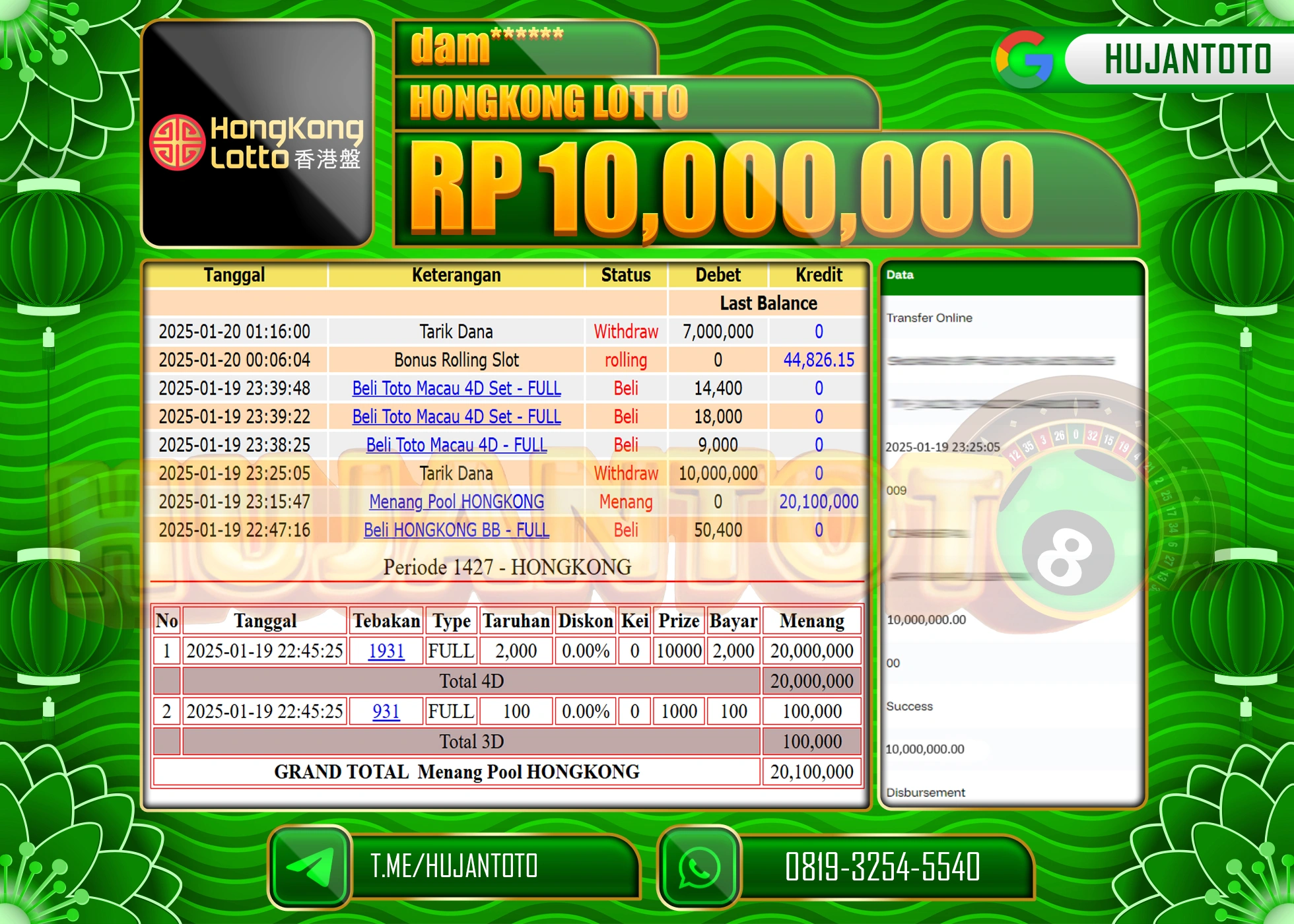 HUJANTOTO - BUKTI JACKPOT DI PERMAINAN TOGEL HONGKONG LOTTO Rp,10,000,000 - TERBAYAR LUNAS