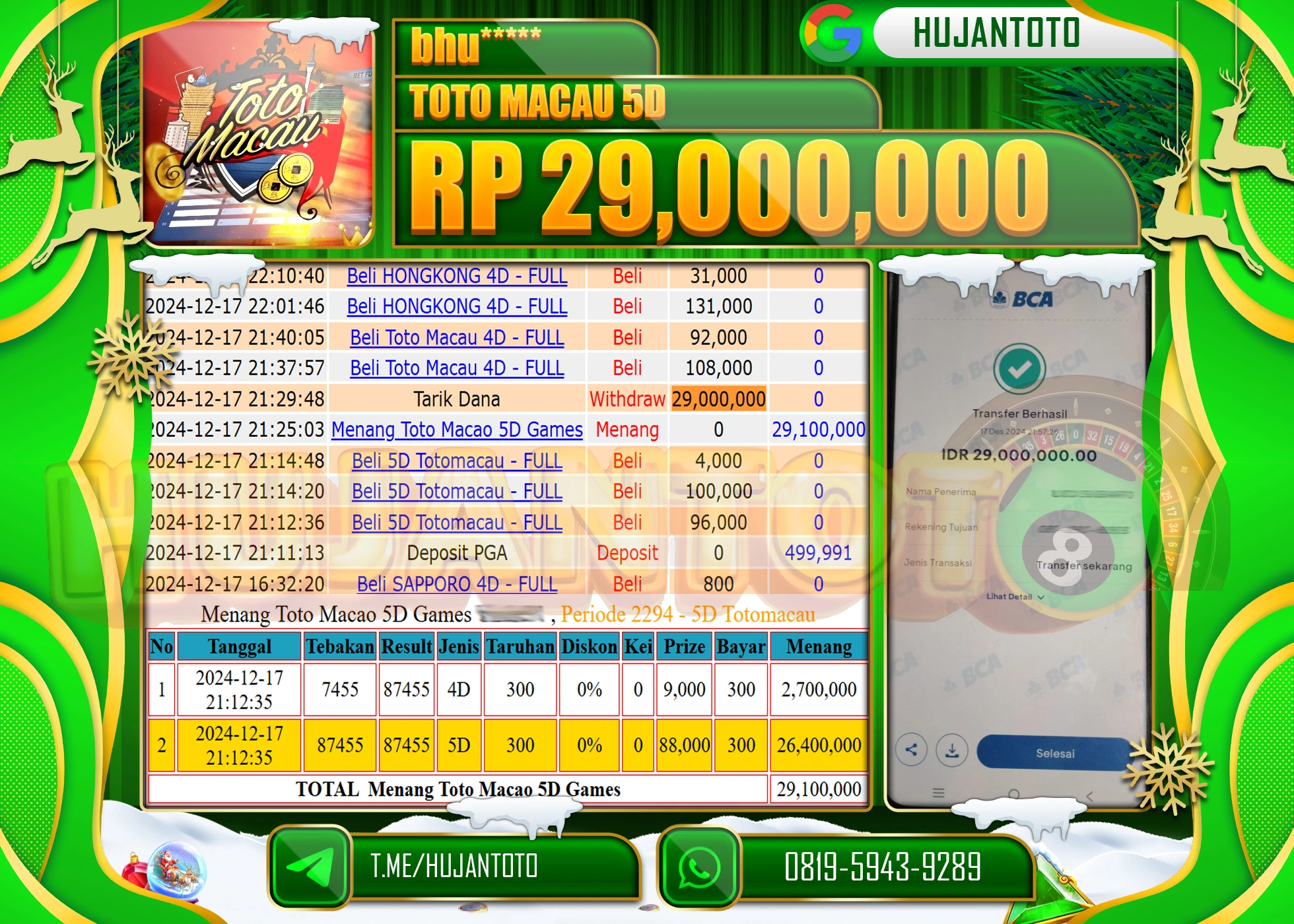 HUJANTOTO ATAS KEMENANGAN YANG DI RAIH DI PERMAINAN TOGEL TOTO MACAU 5 D  SEBESAR - 29,000,000 - TERBAYAR LUNAS