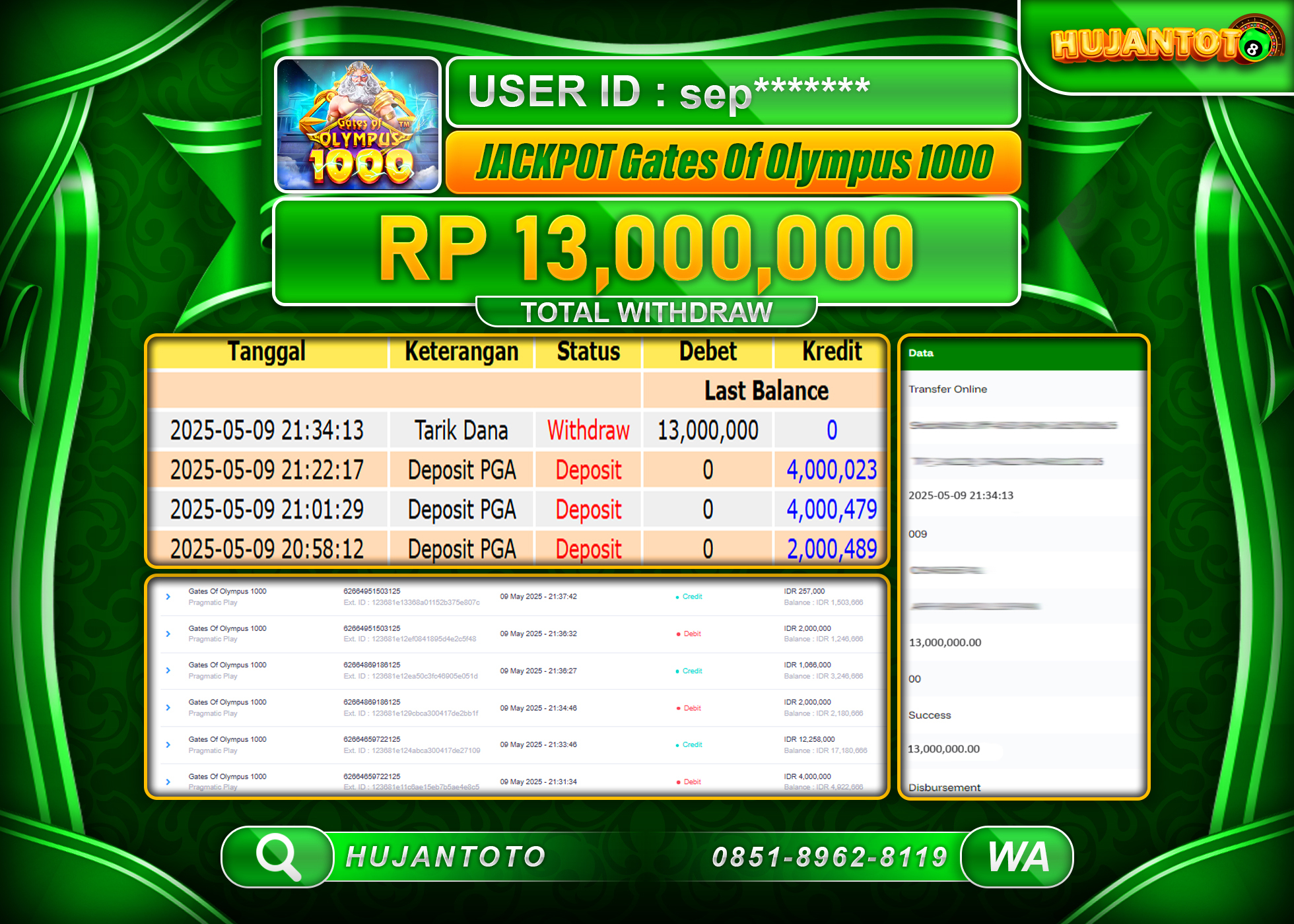 HUJANTOTO - BUKTI JACKPOT MENANG SLOT GATES OF OLYMPUS 1000, Rp,13,000,000  - TERBAYAR LUNAS