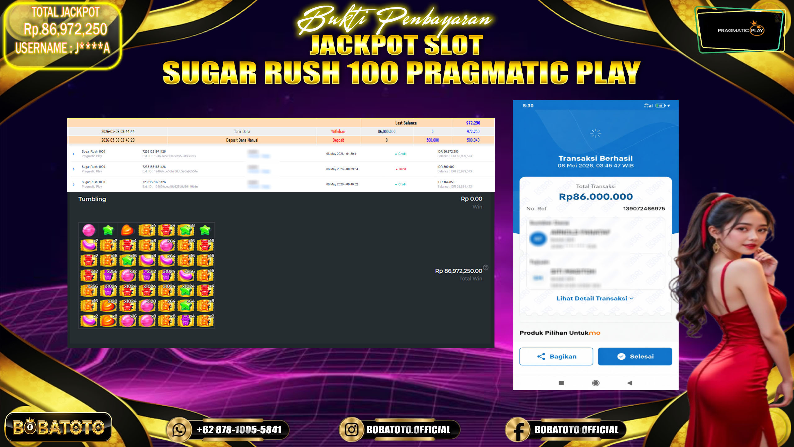 BOBATOTO JACKPOT SLOT SUGAR RUSH 100 PRAGMATIC PLAY  Rp.86,000,000,- LUNAS!!!