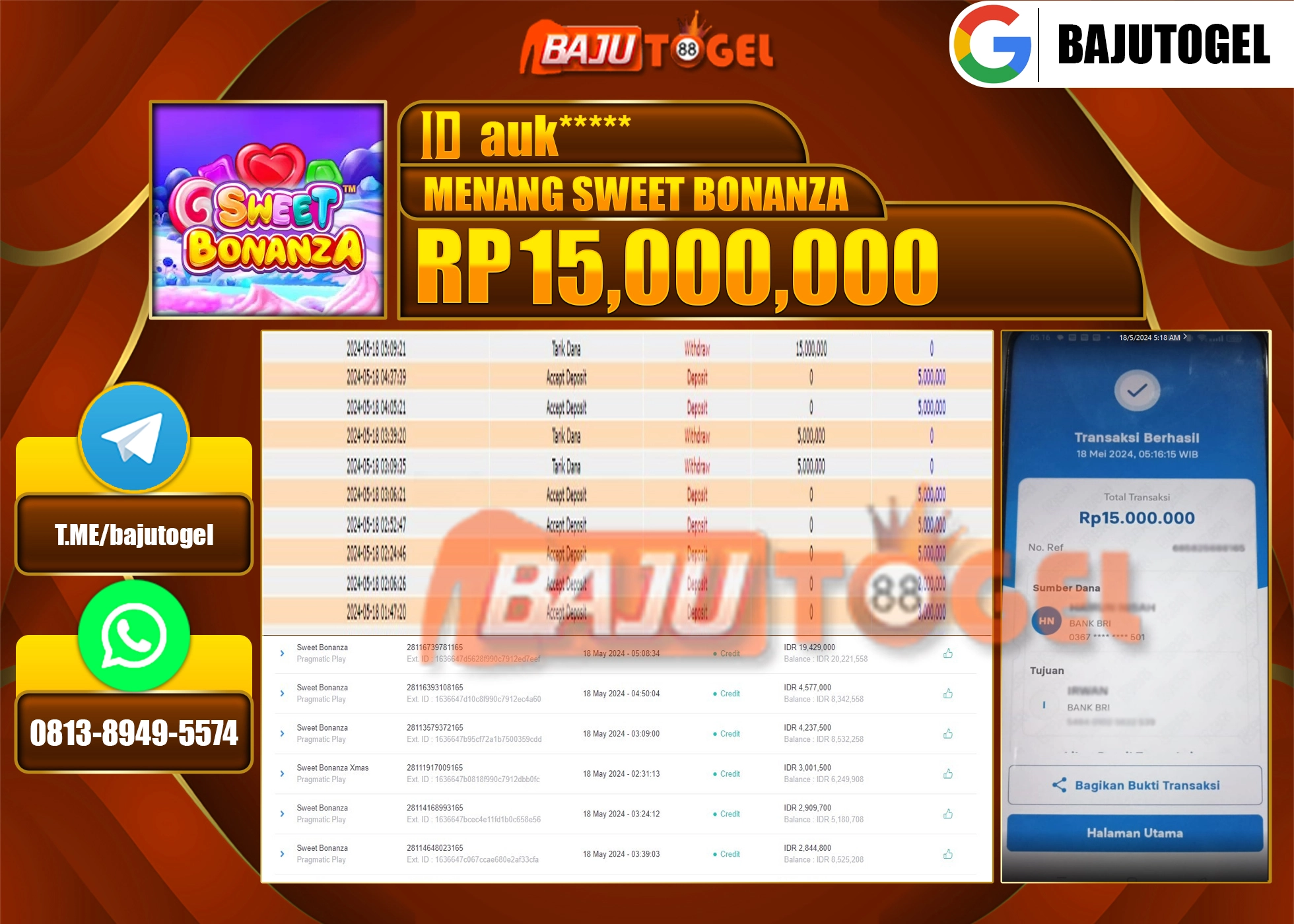 BAJUTOGEL JACKPOT SLOT SWEET BONANZA Rp.15.000.000 LUNAS