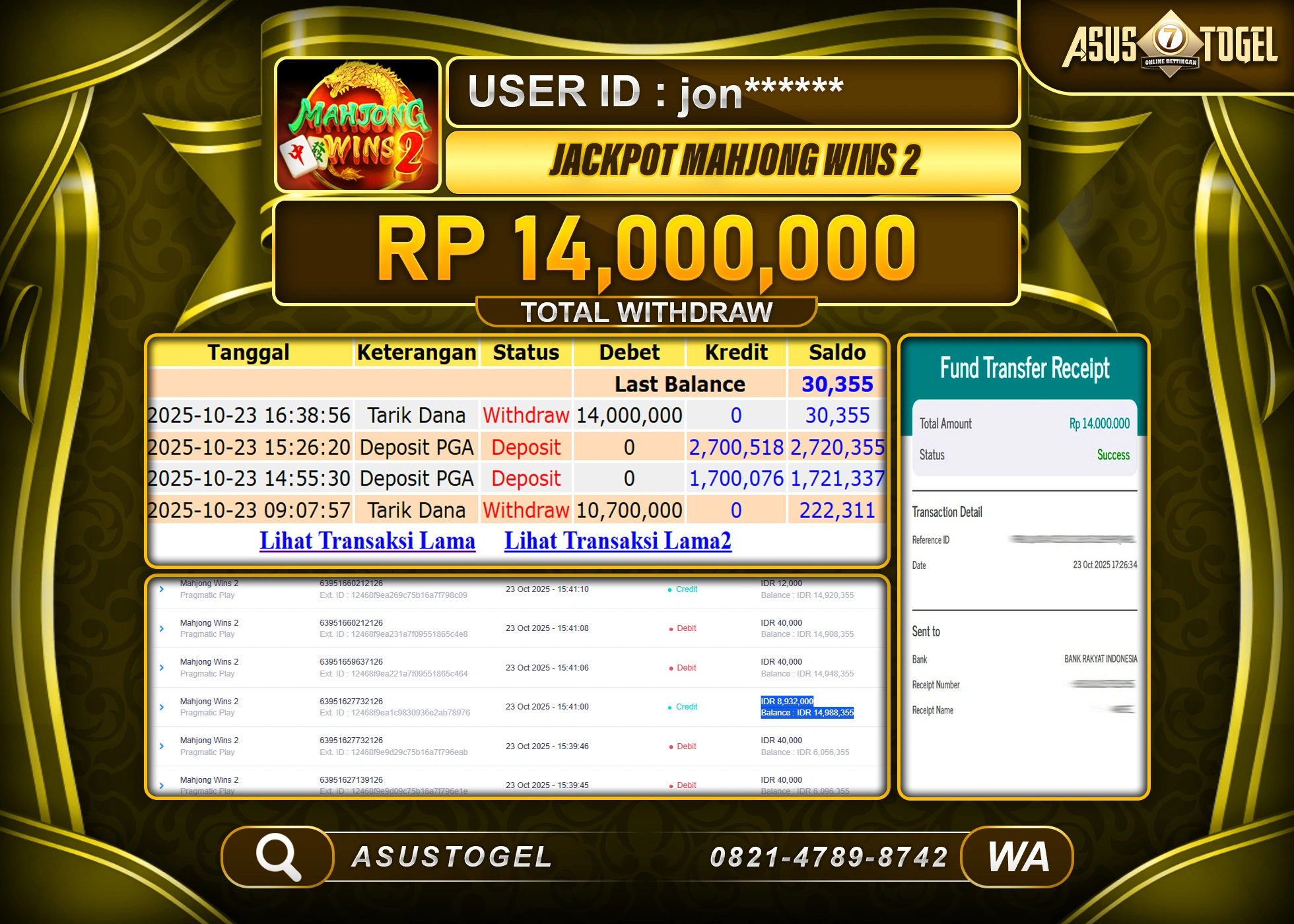 ASUSTOGEL KEMENANGAN DI SLOT MAHJONG WINS 2 SEBESAR 14,000,000- RUPIAH LUNAS !