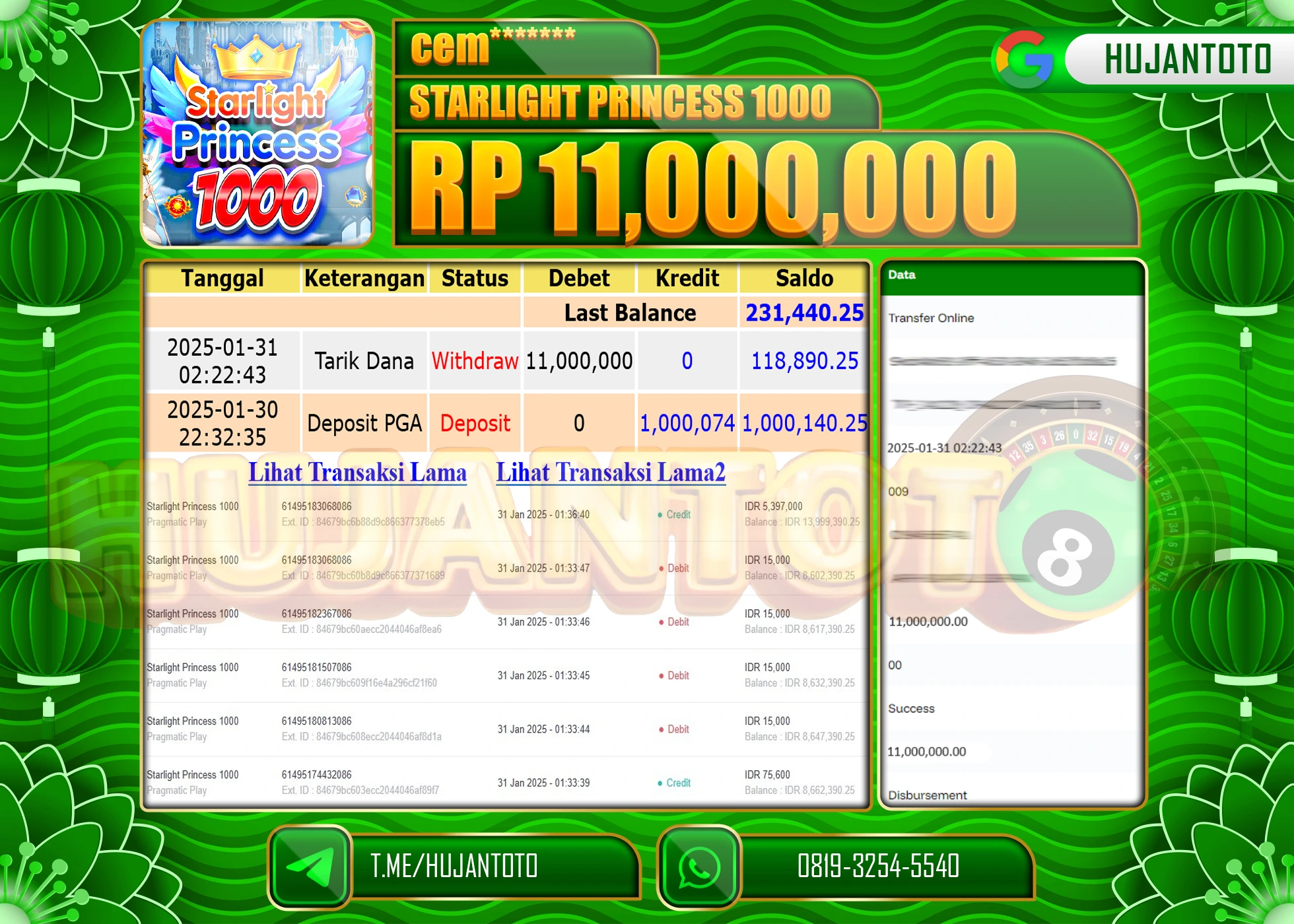 HUJANTOTO - BUKTI JACKPOT MENANG SLOT STARLIGHT PRINCESS 1000 Rp,11,000,000 - TERBAYAR LUNAS
