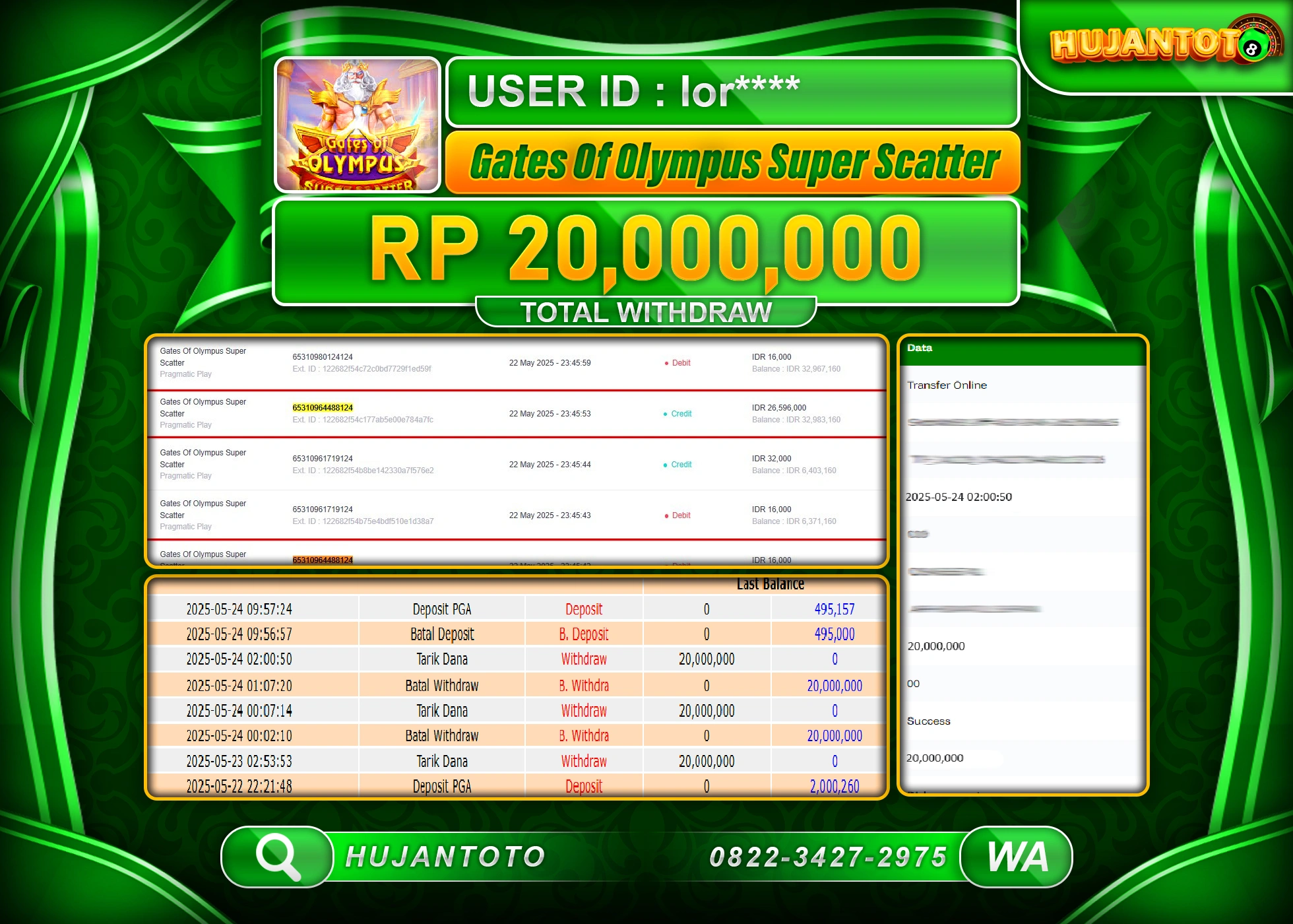 HUJANTOTO - BUKTI JACKPOT MENANG SLOT GATES OF OLYMPUS SUPER SCETTER - Rp,20,000,000 - TERBAYAR LUNAS