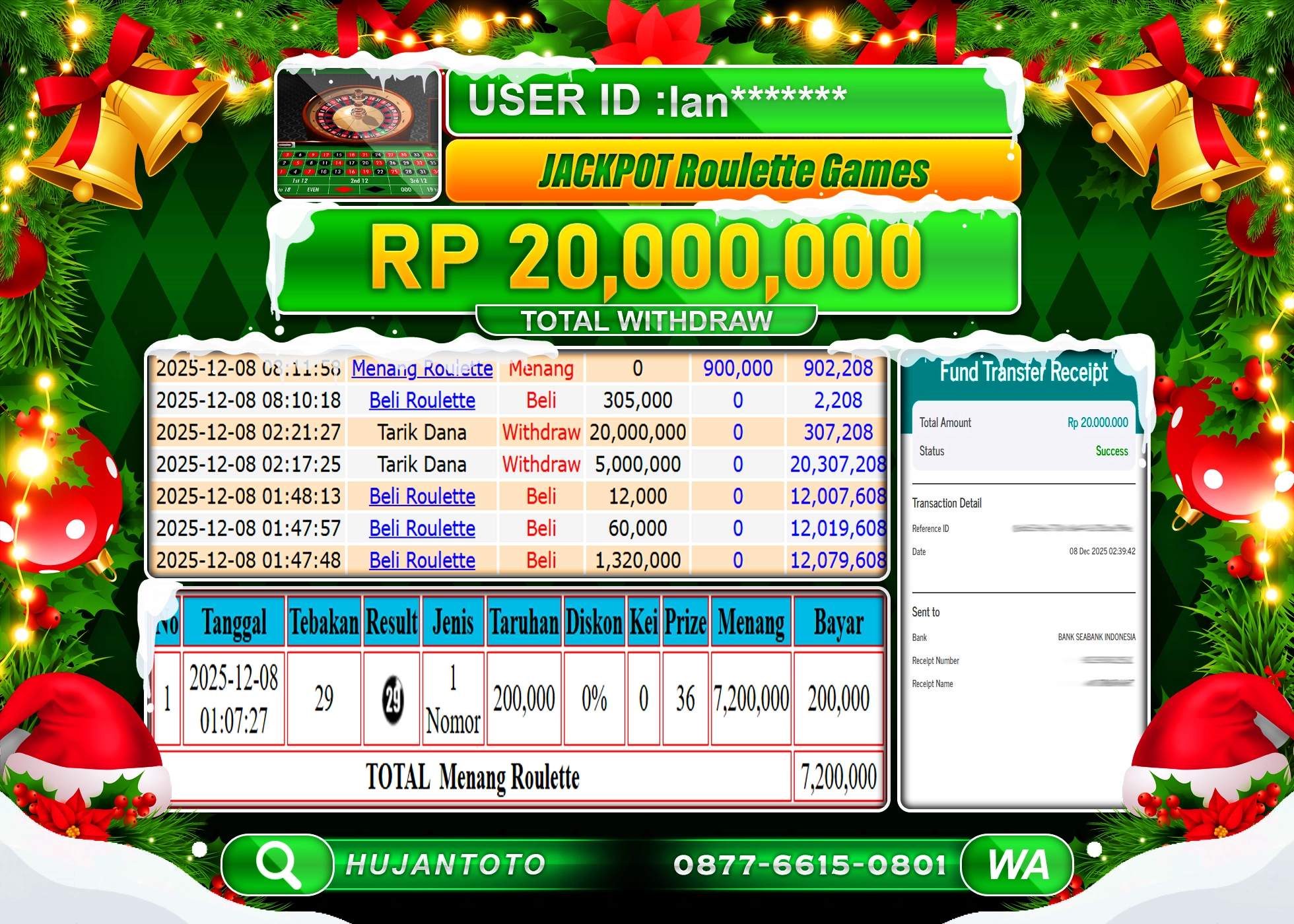 HUJANTOTO - BUKTI JACKPOT MENANG LIVE ROULETTE GAMES Rp.20,000,000 - TERBAYAR LUNAS