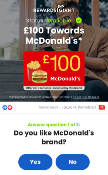 [Rewards] UK | McDonalds £100 | Incent 