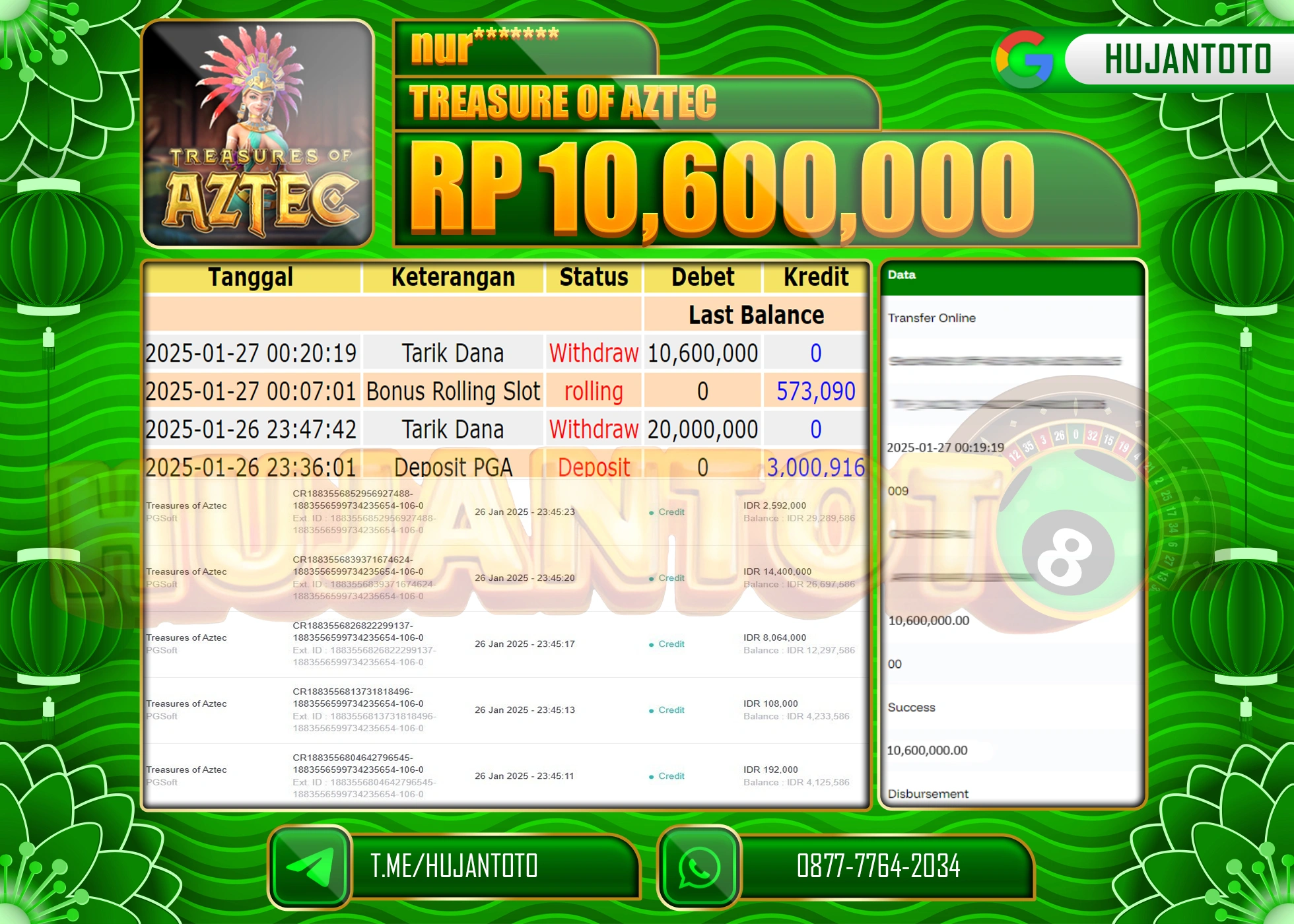 HUJANTOTO - BUKTI JACKPOT MENANG SLOT TREASURE OF AZTEC Rp,10,600,000 - TERBAYAR LUNAS