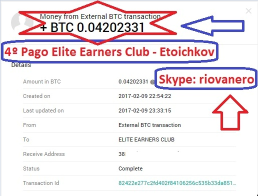 4º pago Elite Earners Club 40$ - 0.04202331 BTC 2e0aa8da2807937b198926af17e6c313