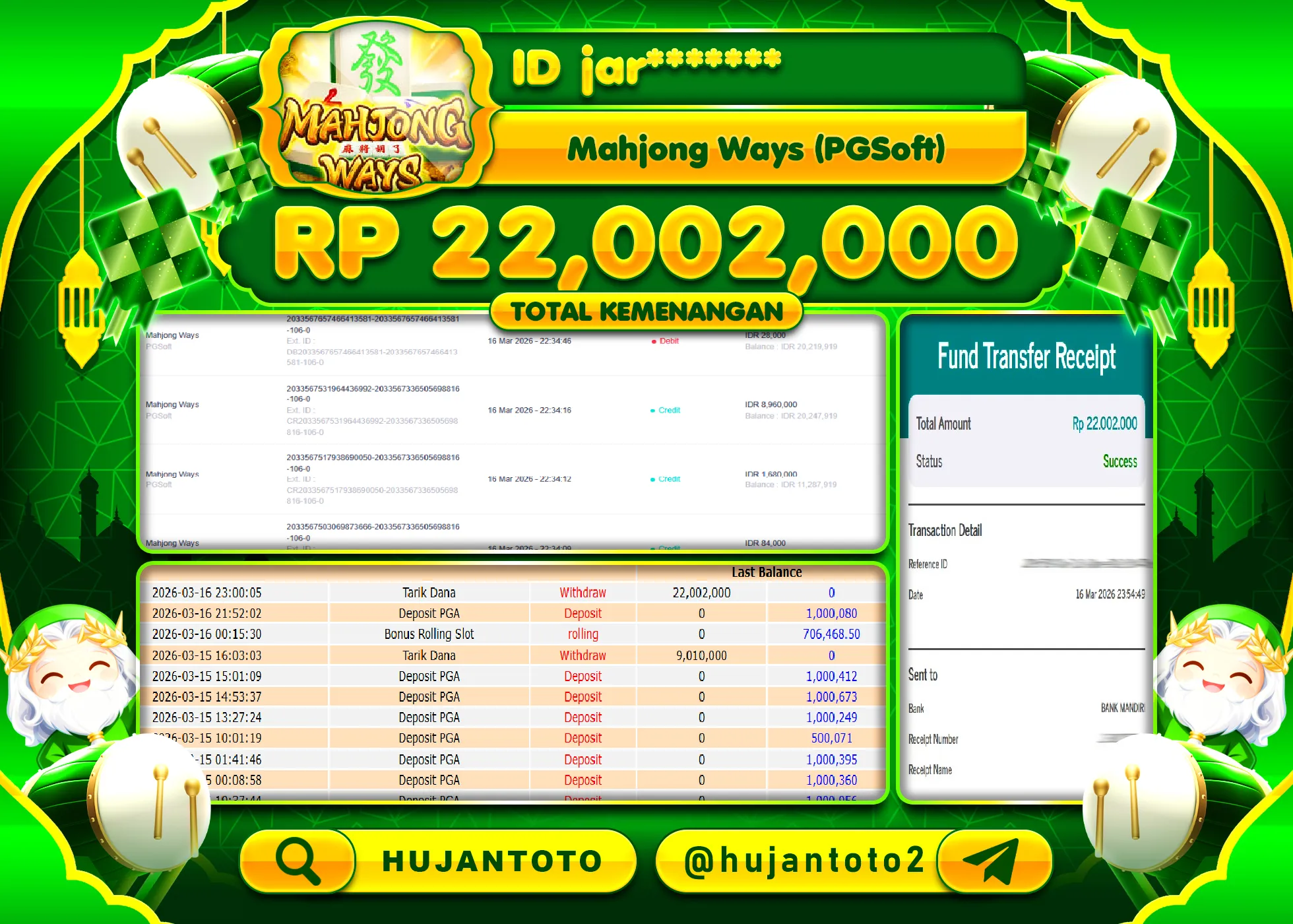HUJANTOTO - BUKTI JACKPOT MENANG SLOT MAHJONG WAYS Rp.22,002,000 - TERBAYAR LUNAS