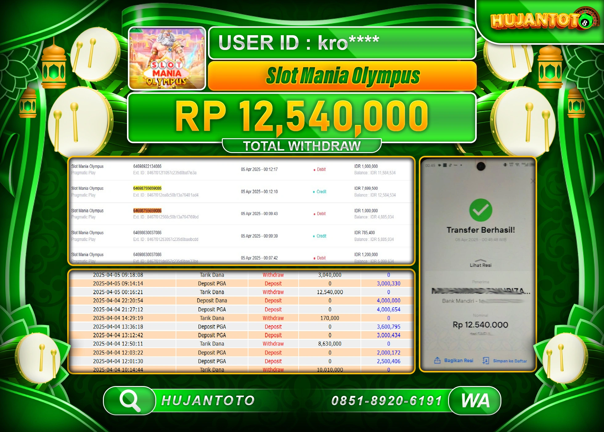 HUJANTOTO - BUKTI JACKPOT MENANG SLOT SLOT MANIA OLYMPUS Rp,12,540,000 - TERBAYAR LUNAS
