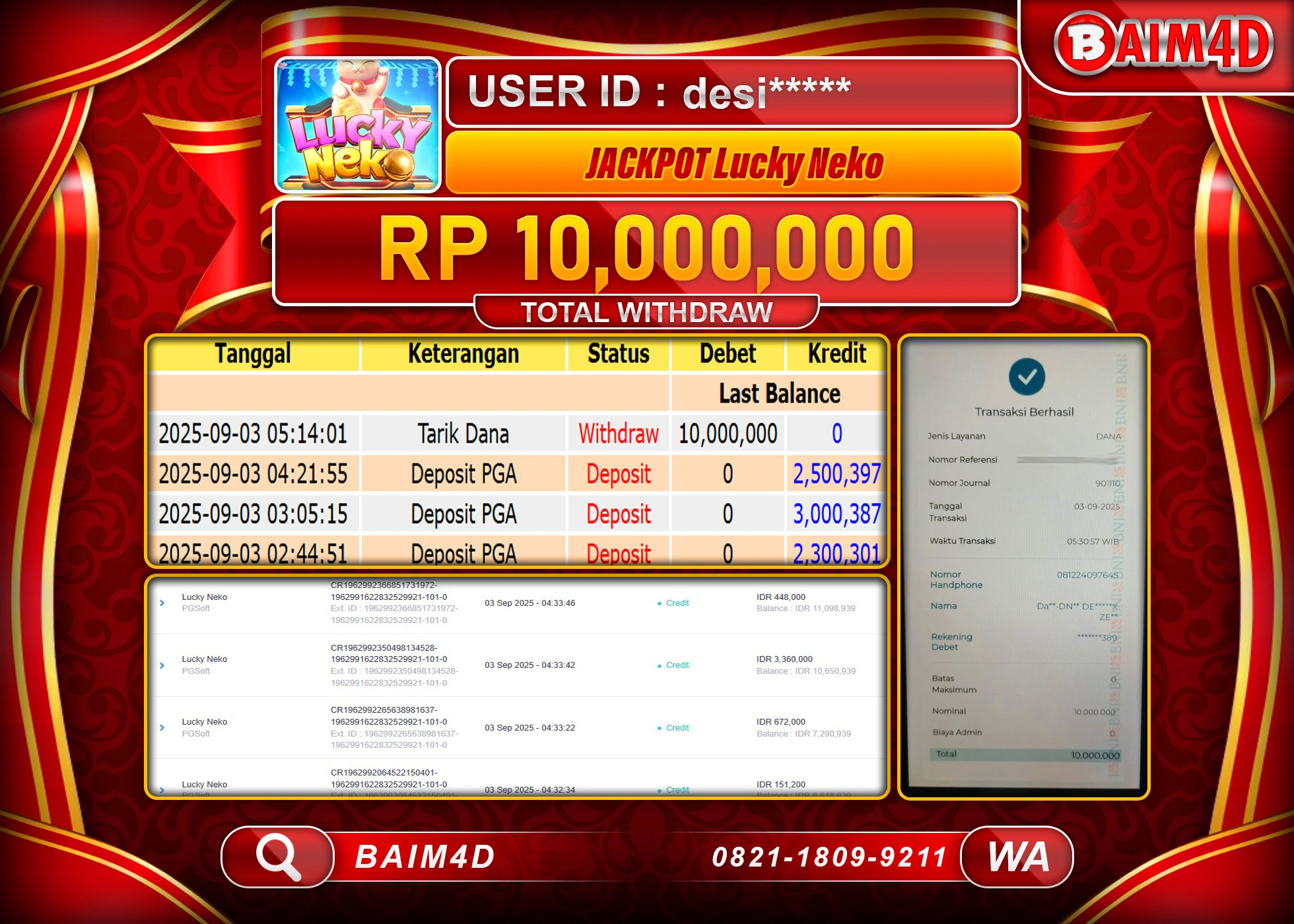BAIM4D JACKPOT MENANG SLOT LUCKY NEKO Rp.10,000,000.- LUNAS