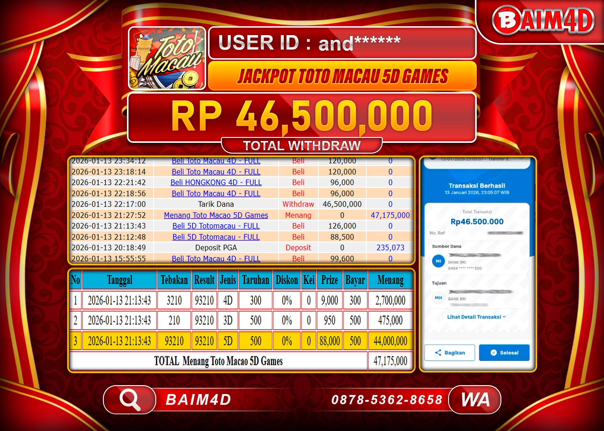BAIM4D JACKPOT TOTO MACAU 5D GAMES Rp.46,500,000 - LUNAS