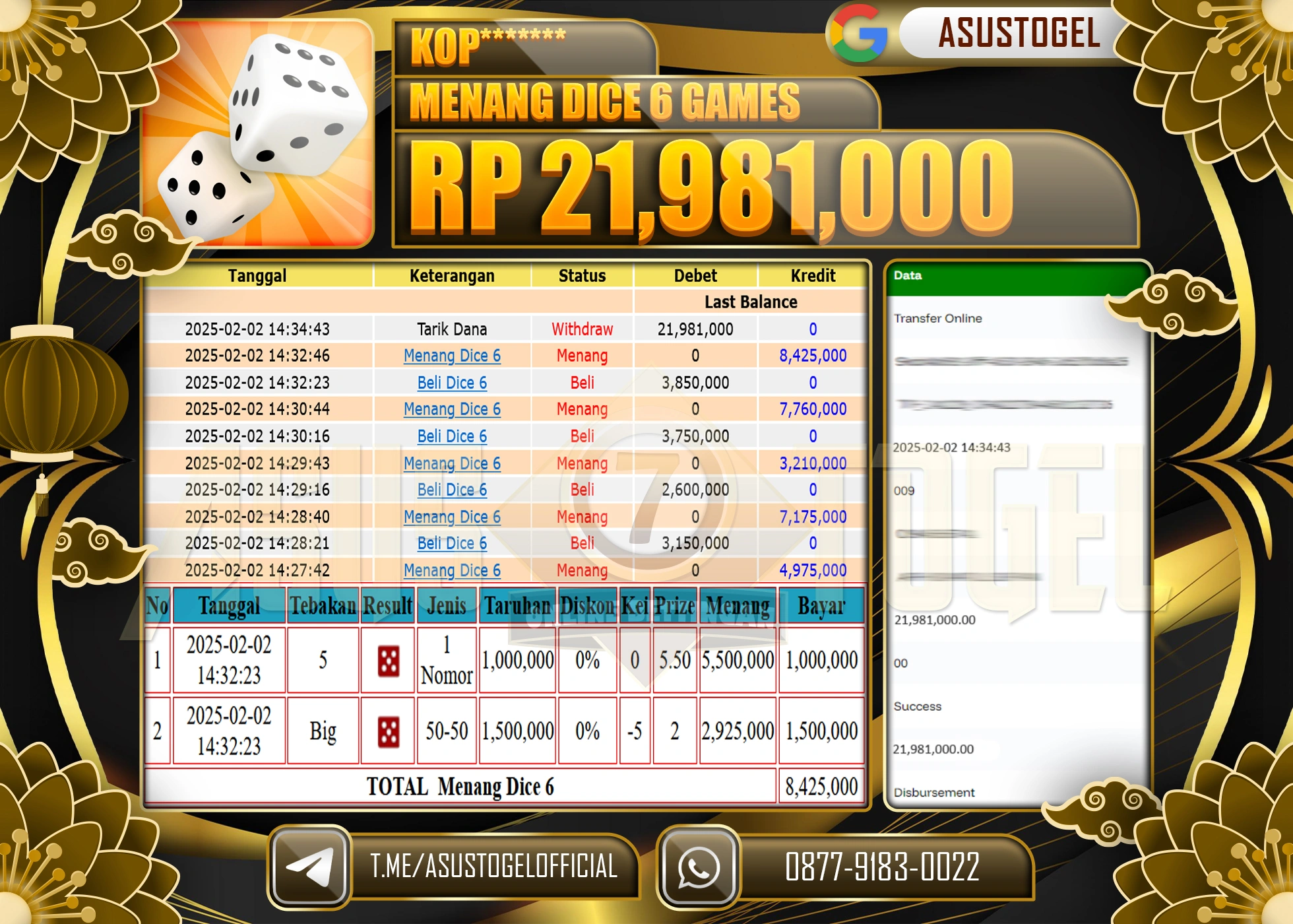 ASUSTOGEL KEMENANGAN DI DICE 6 LIVE GAMES  SEBESAR 21,981,000 - RUPIAH LUNAS
